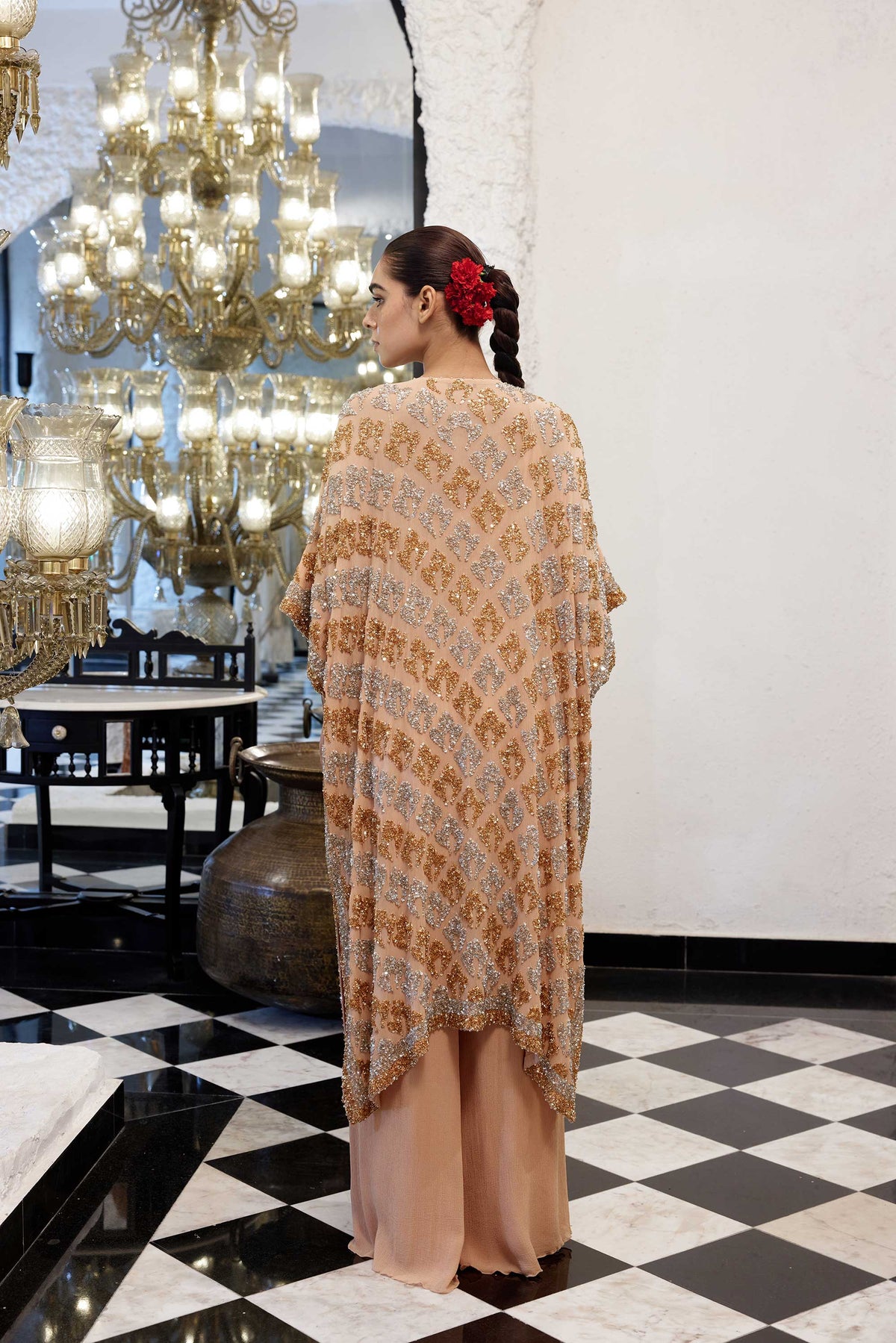 Kaftan Set in Booti Grid gold & silver Sequin Embroidery