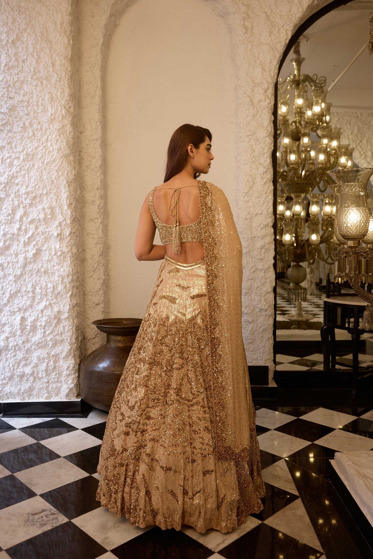 Lehenga Set in Gold Sequin Embroidery IN Alligator skin design