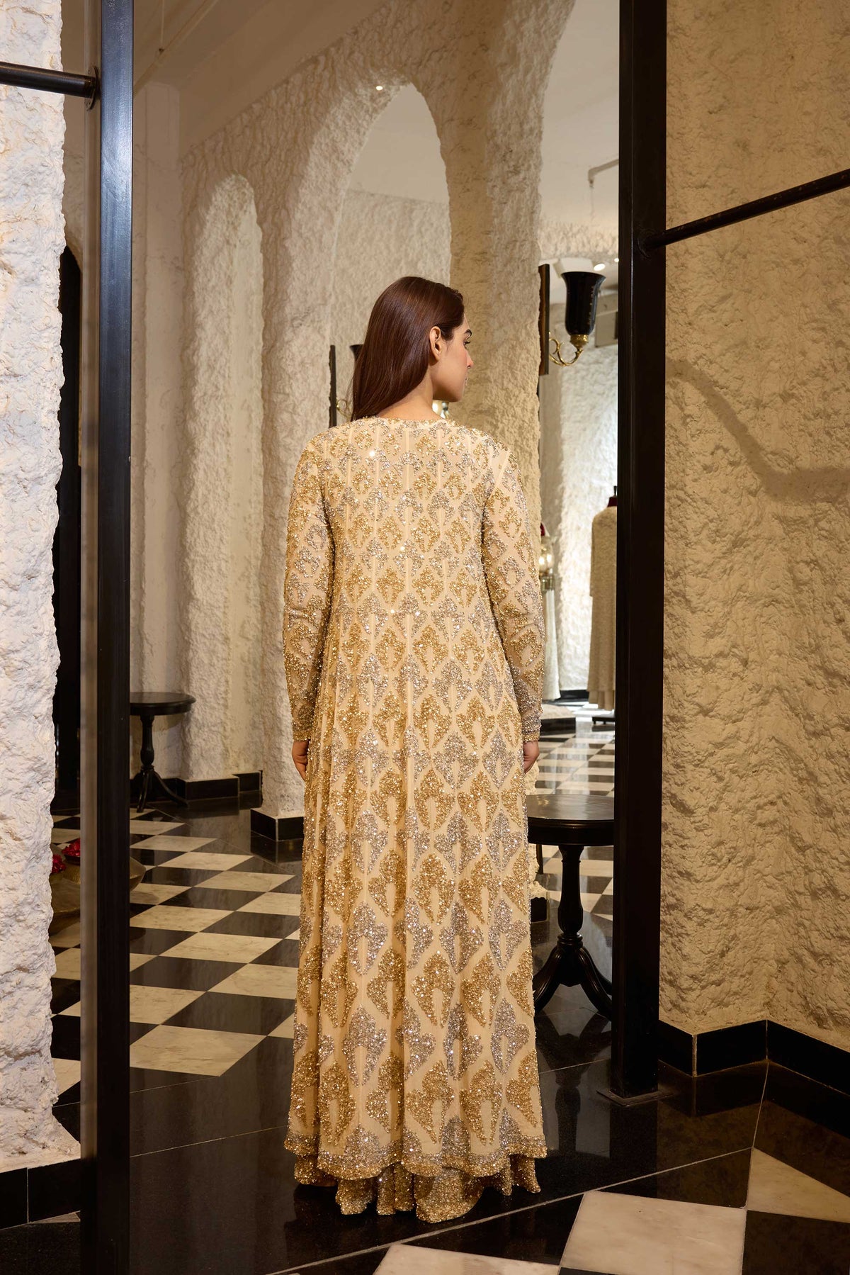 Jacket Set in Grid Booti silver & gold sequin embroidery