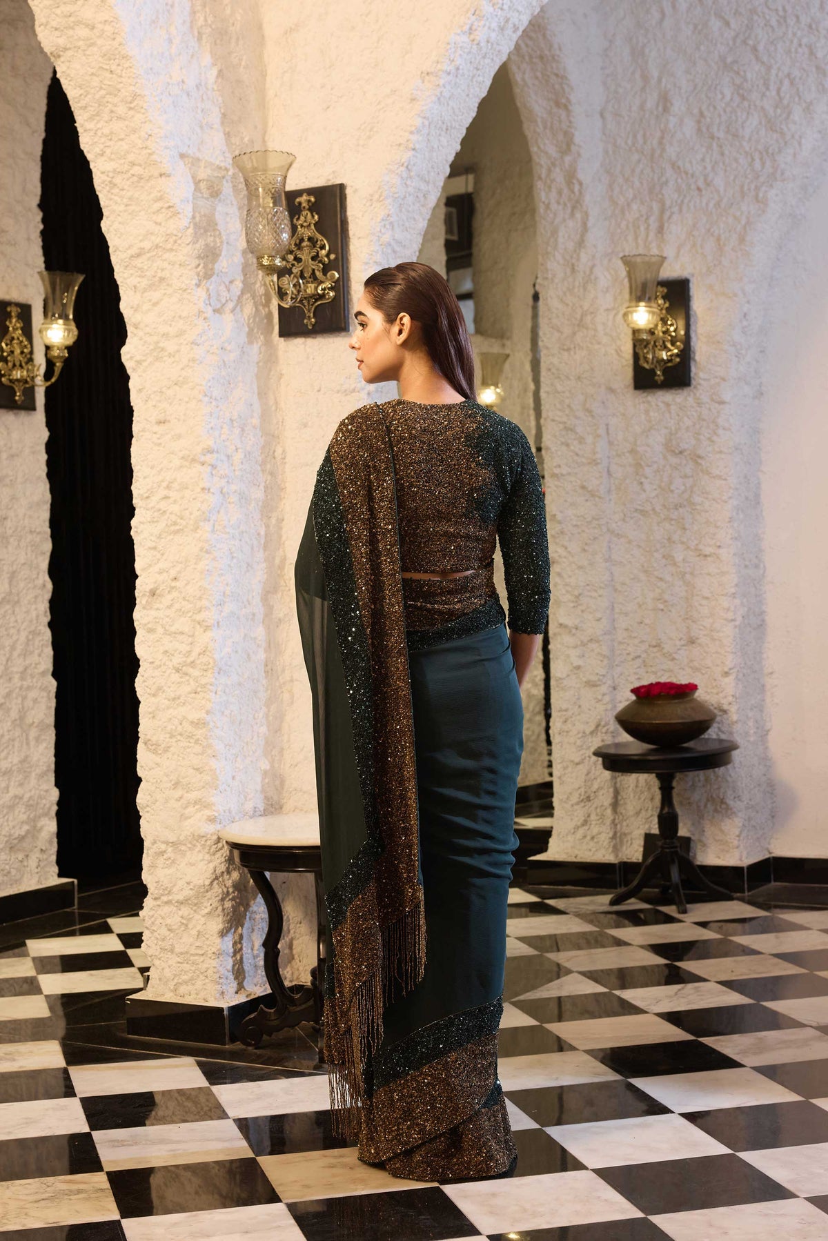 Sari Set in antique gold and tonal sequin Border