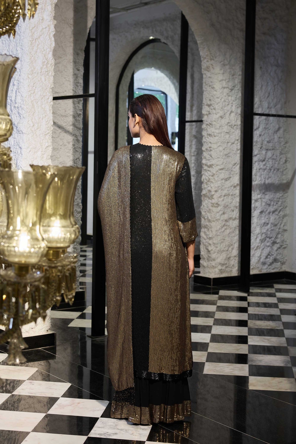 Kurta Set in Gold & Tonal Sequin Sheeting Embroidery