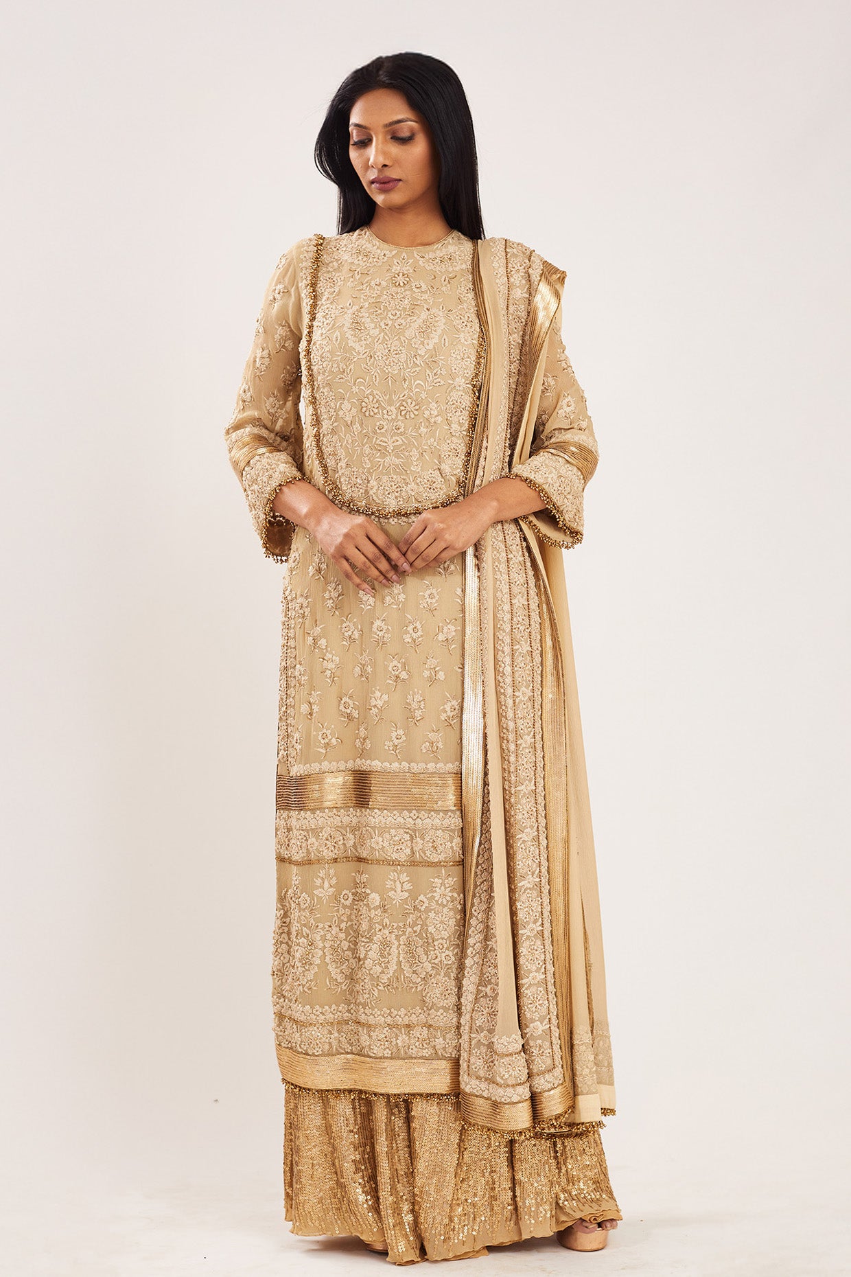 Kurta Set in Old World Ivory Thread Embroidery