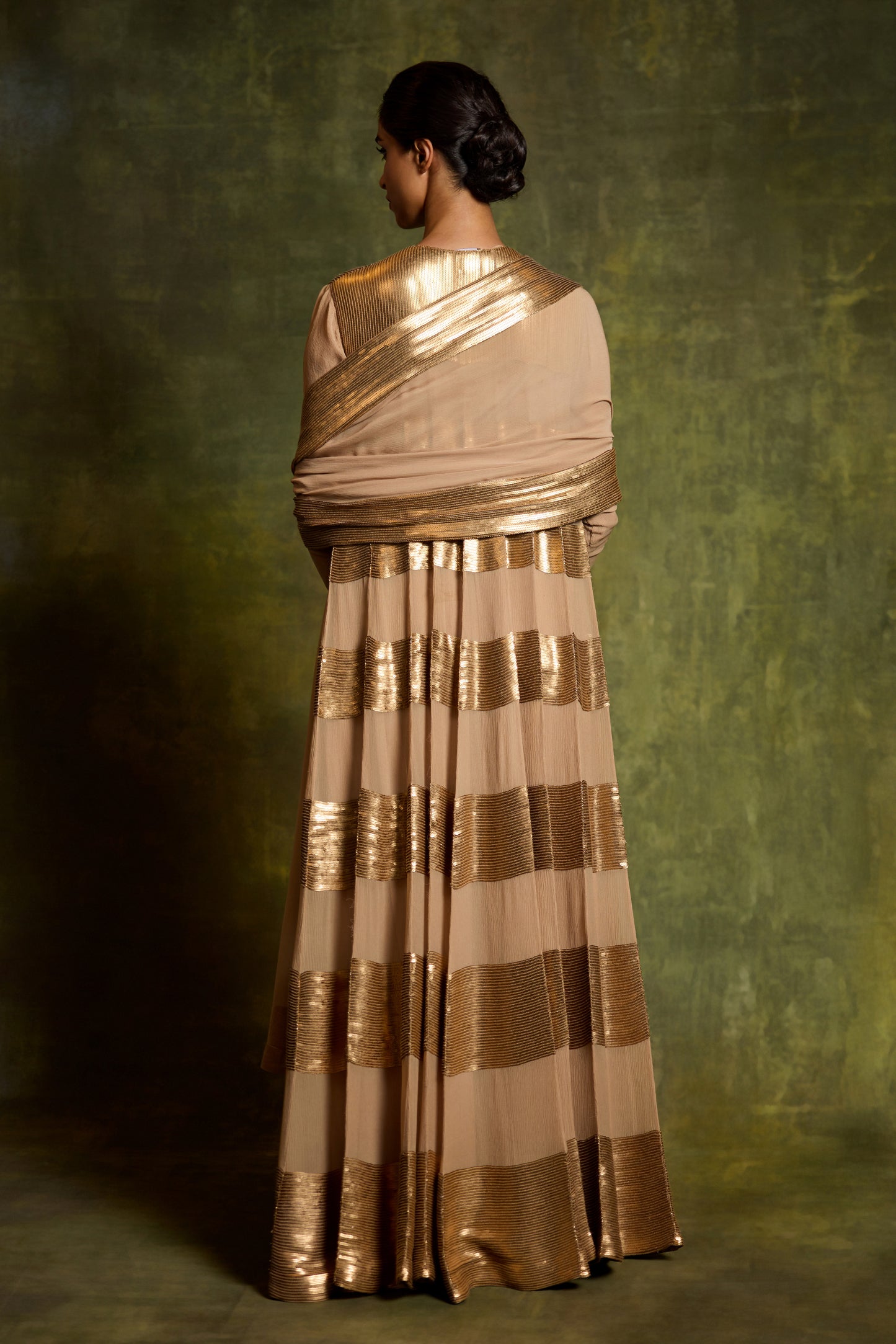 Anarkali Kurta Set in Gold Sequin Horizontal Design