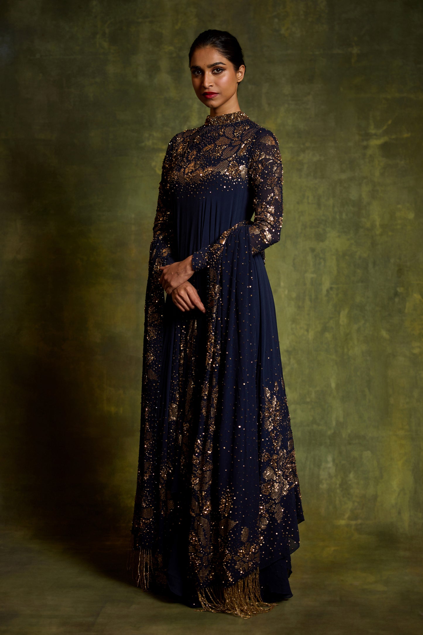 Asymmetric Kurta Set in Floral Sprinkle Embroidery