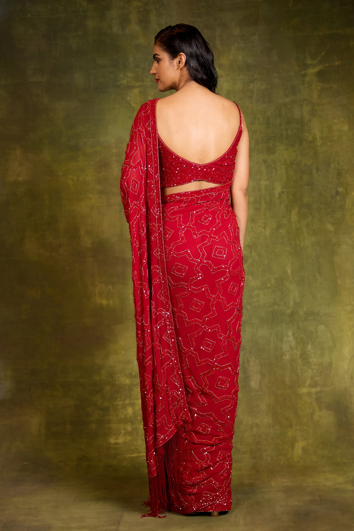 Sari Set in Mughal Grid Design in Tonal Sequin Embroidery