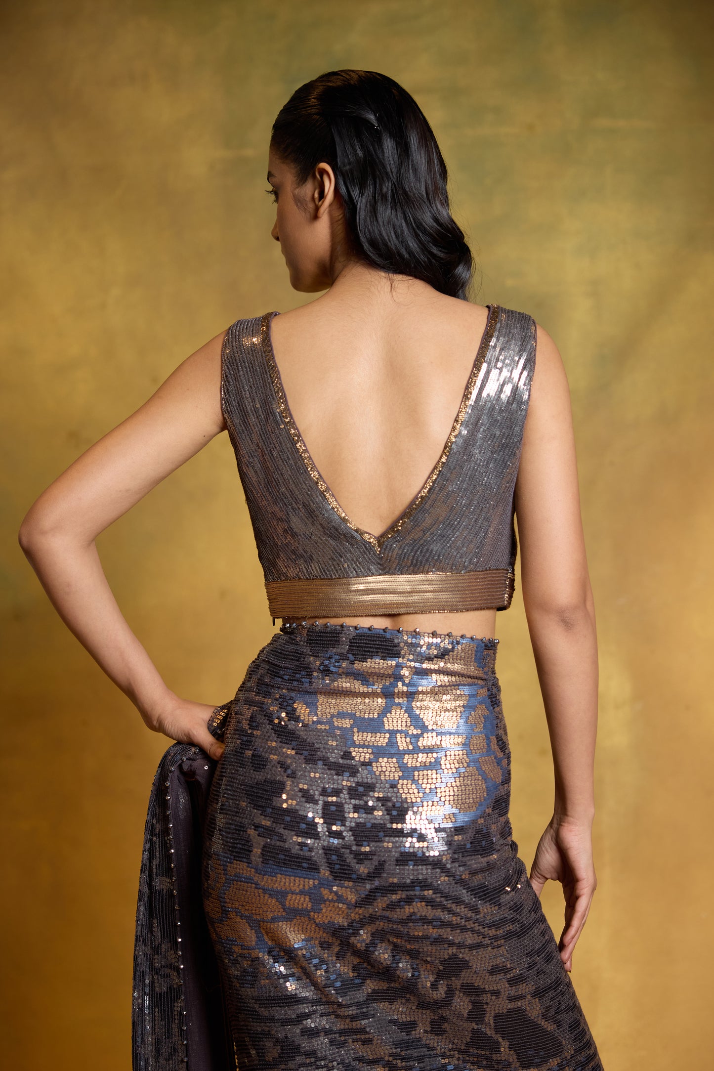 Sari Set in Sequin Embroidery in Tiger Leopard Design