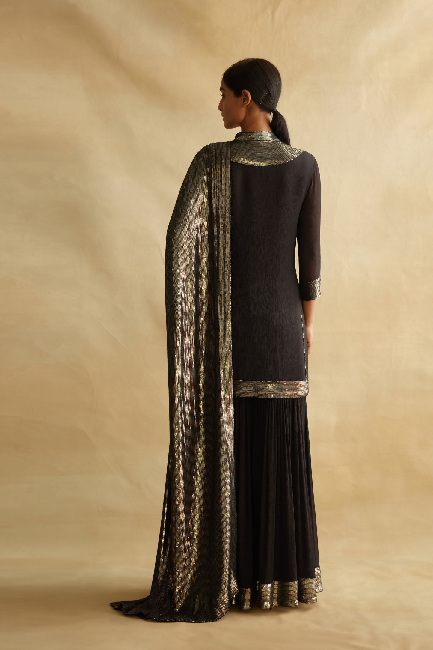 Gharara Set in Gunmetal Sequin Embroidery