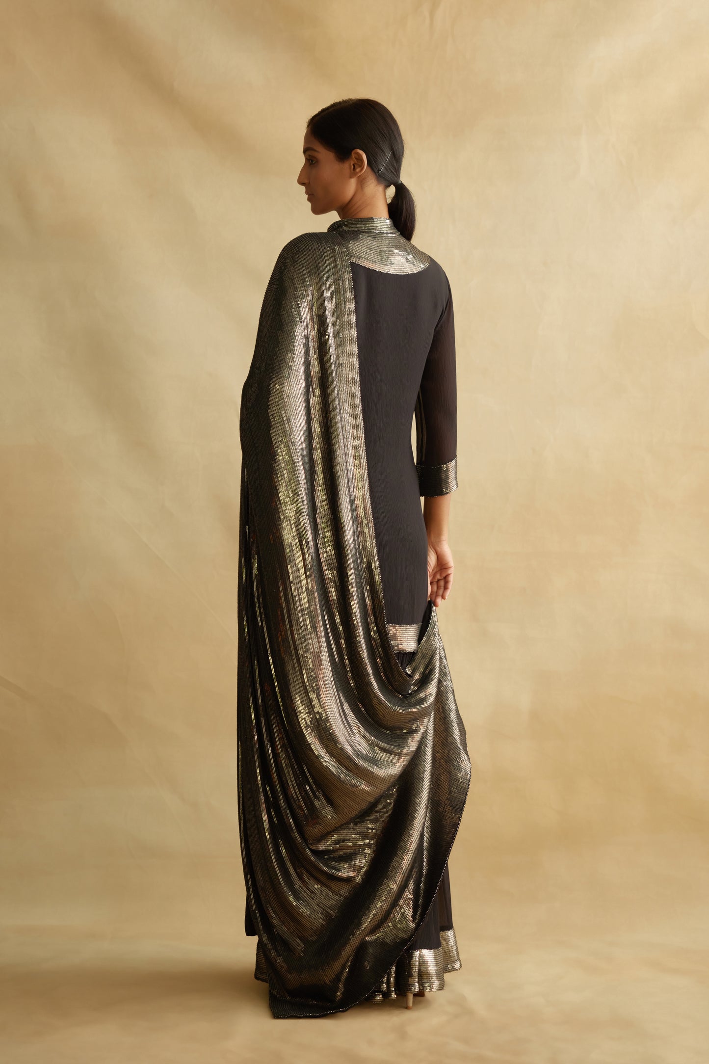 Gharara Set in Gunmetal Sequin Embroidery