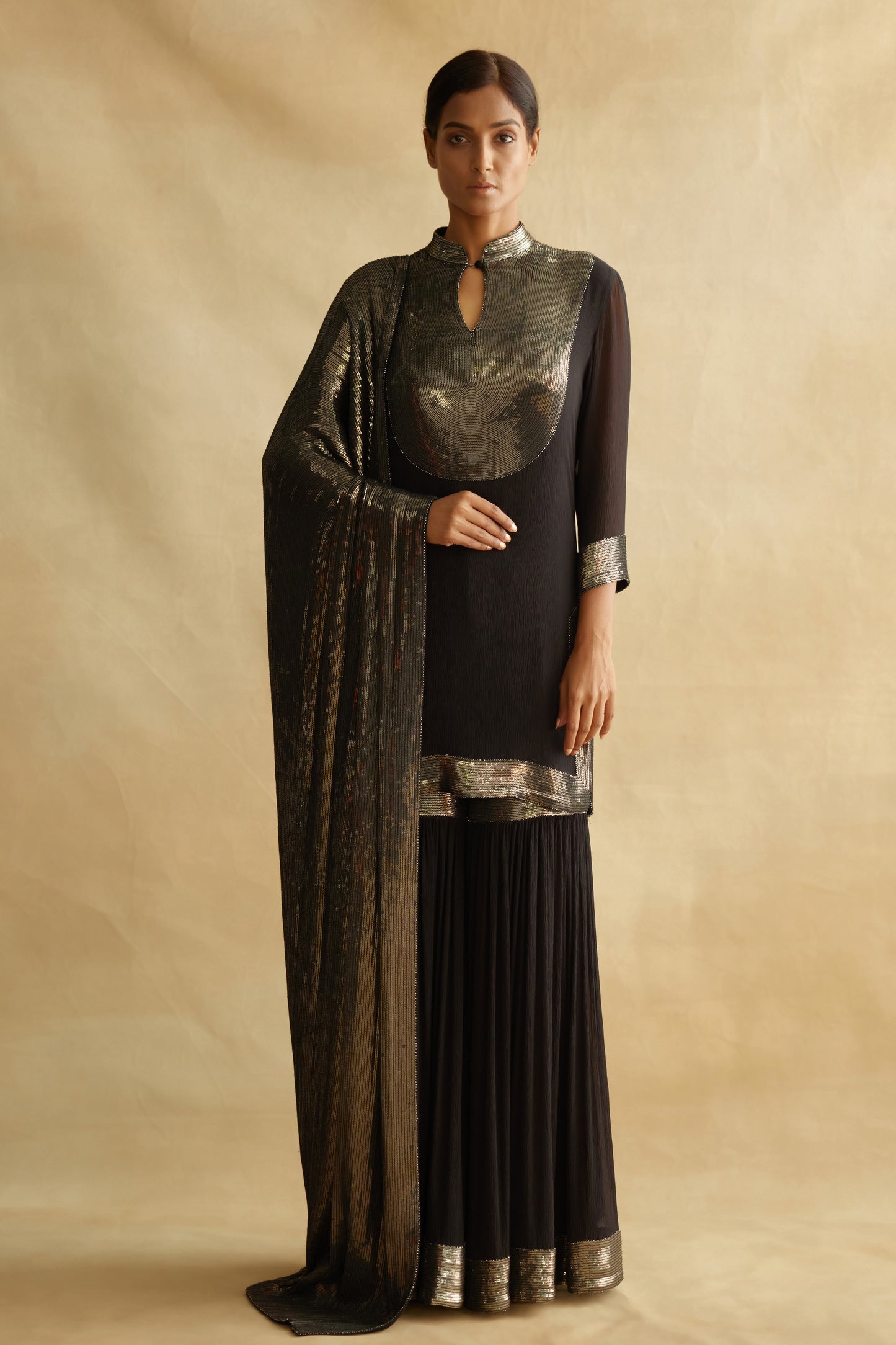 Gharara Set in Gunmetal Sequin Embroidery