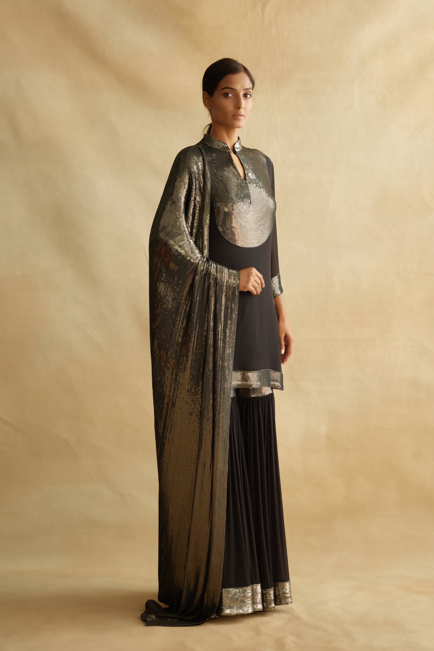 Gharara Set in Gunmetal Sequin Embroidery