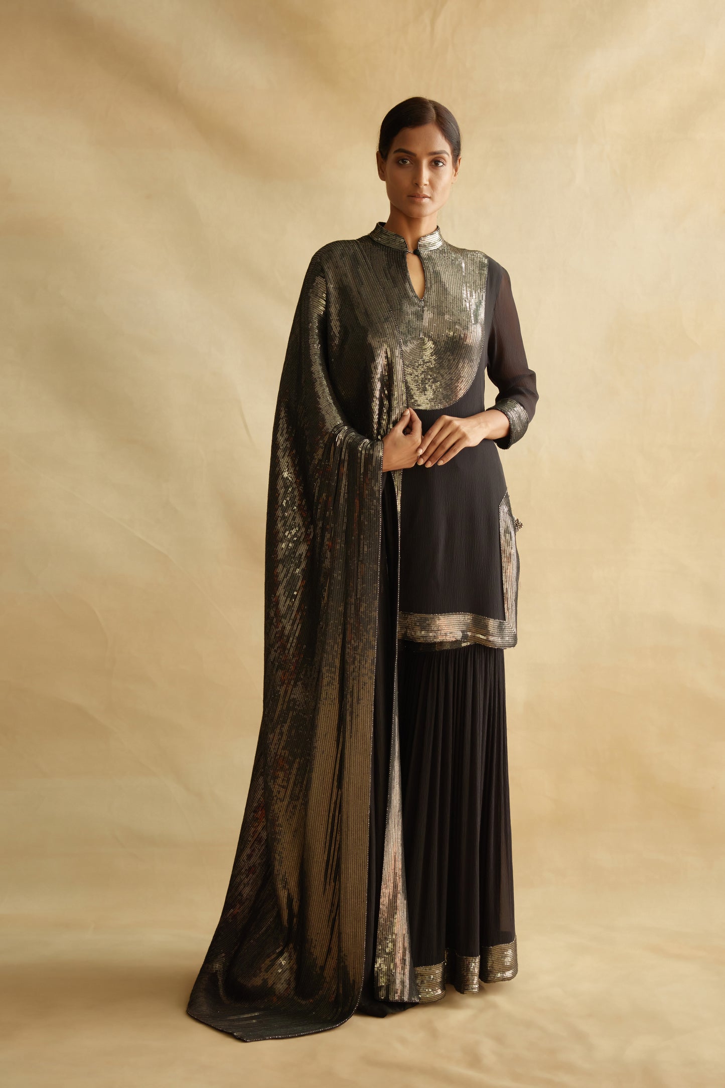 Gharara Set in Gunmetal Sequin Embroidery