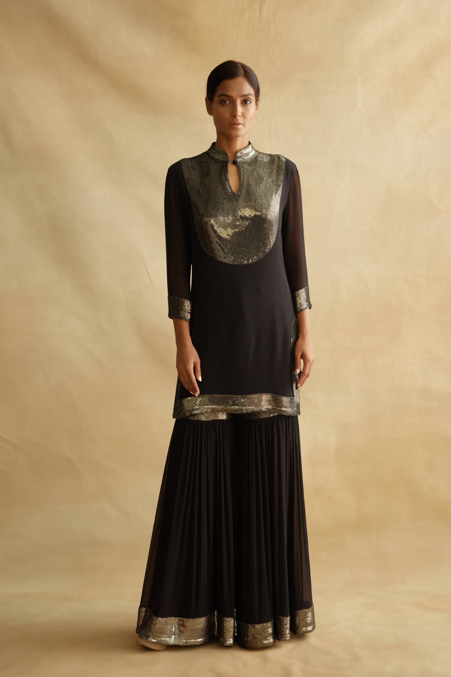 Gharara Set in Gunmetal Sequin Embroidery
