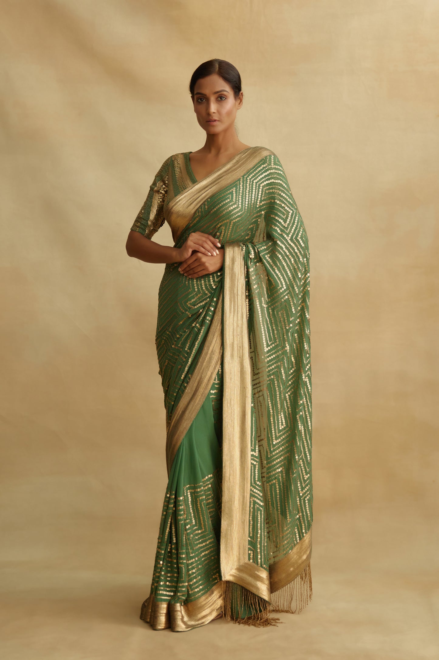 Sari Set in Gold Sequin Embroidery in Maze Design