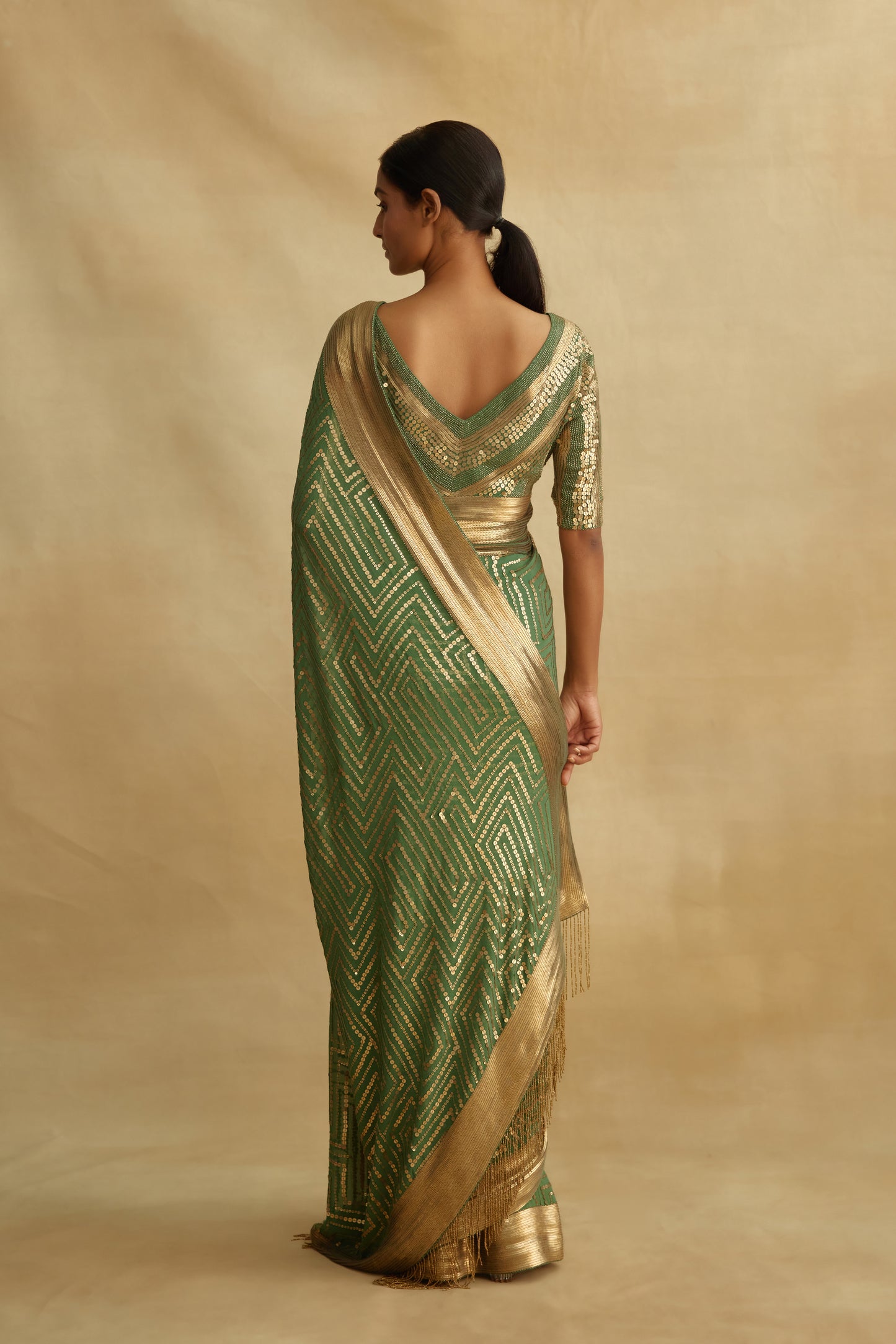 Sari Set in Gold Sequin Embroidery in Maze Design
