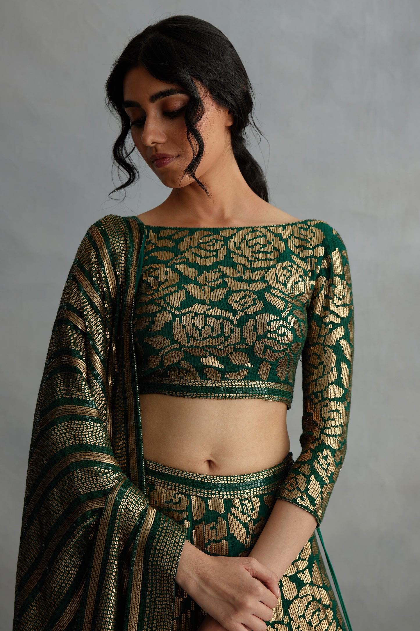 Lehenga Set in Signature Rose Pattern Gold Sequin Embroidery