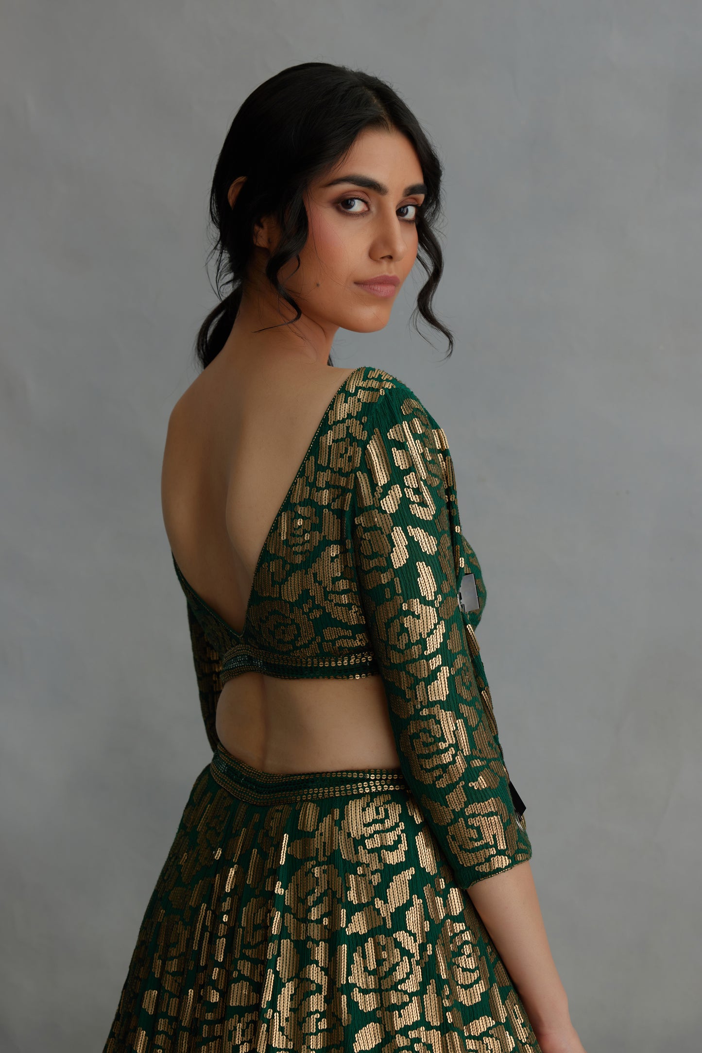 Lehenga Set in Signature Rose Pattern Gold Sequin Embroidery