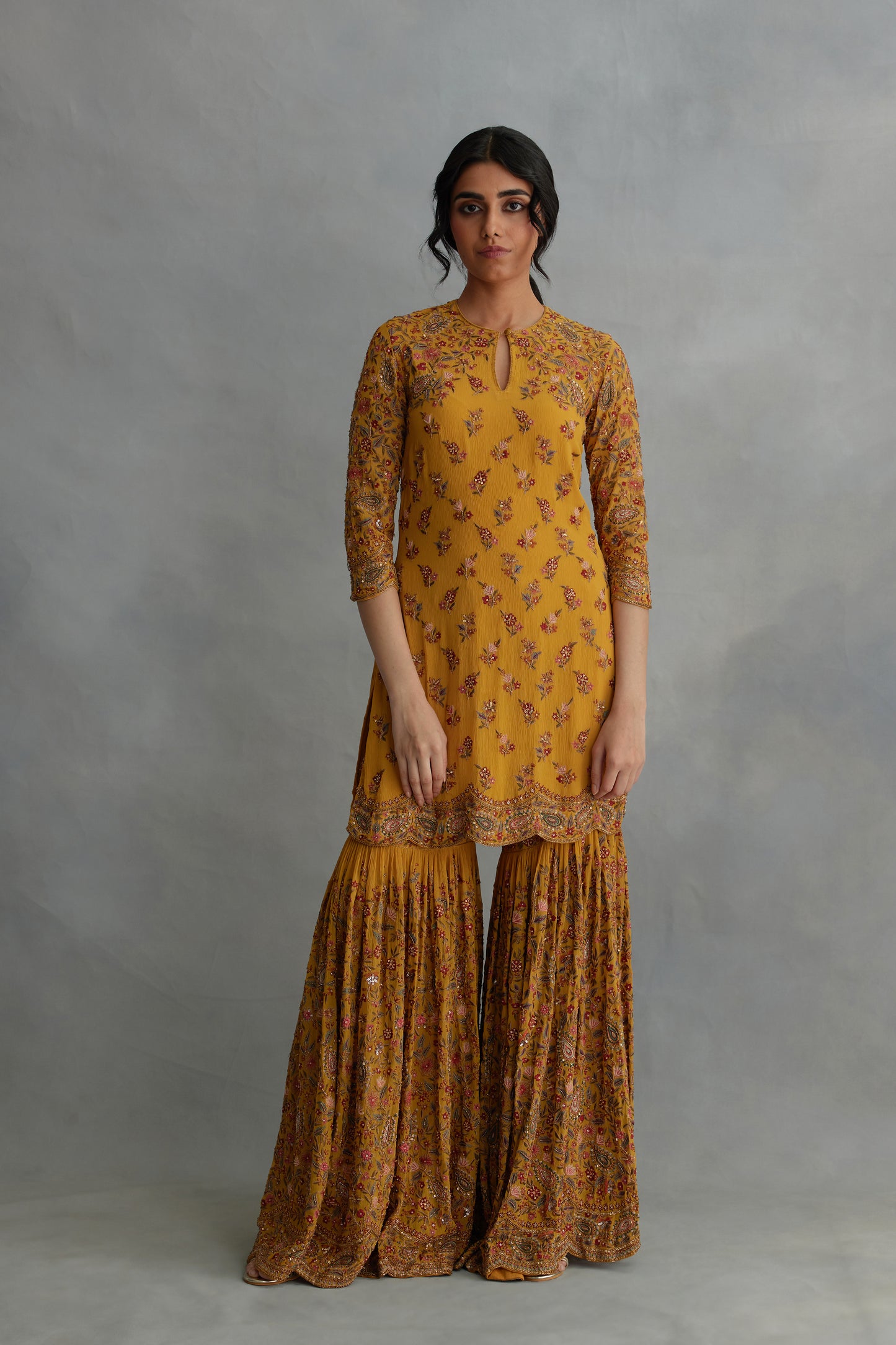 Gharara Set in Paisley Floral Thread embroidery