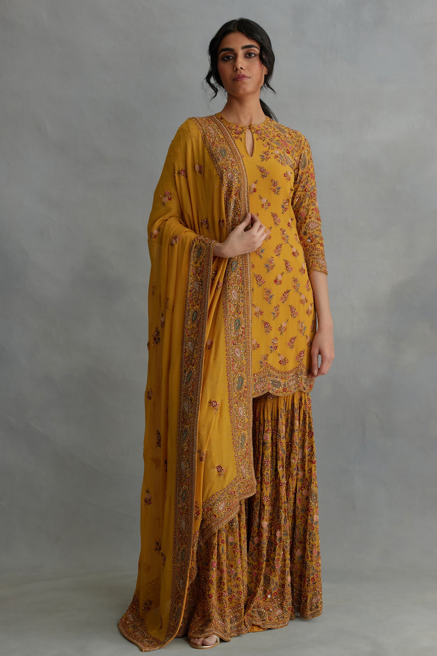 Gharara Set in Paisley Floral Thread embroidery