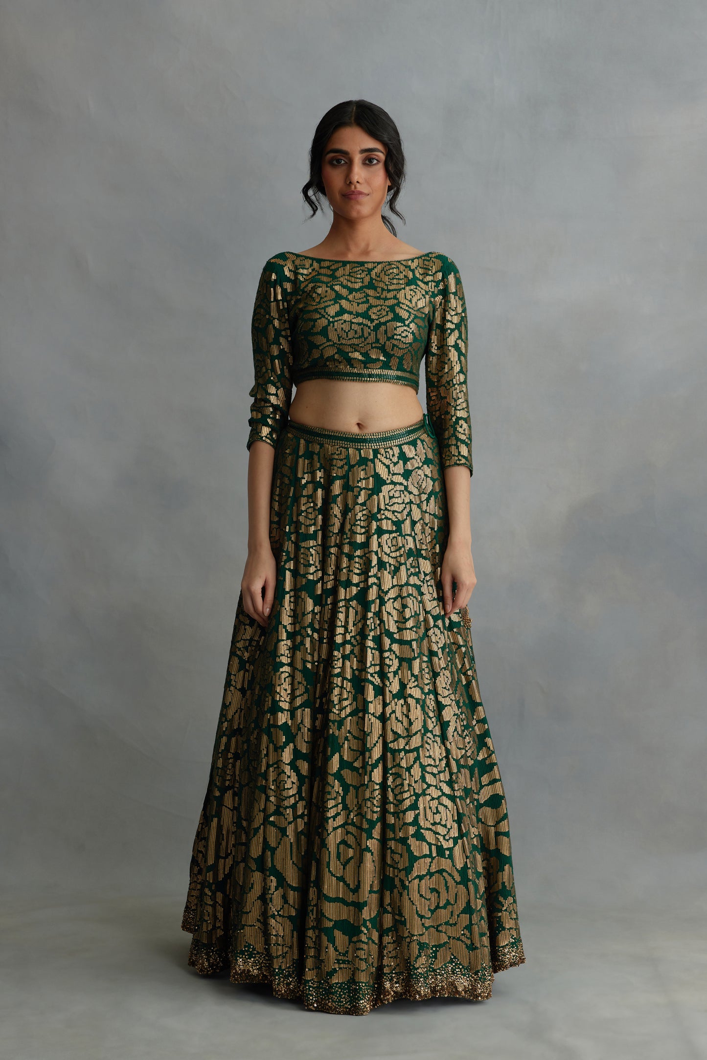 Lehenga Set in Signature Rose Pattern Gold Sequin Embroidery