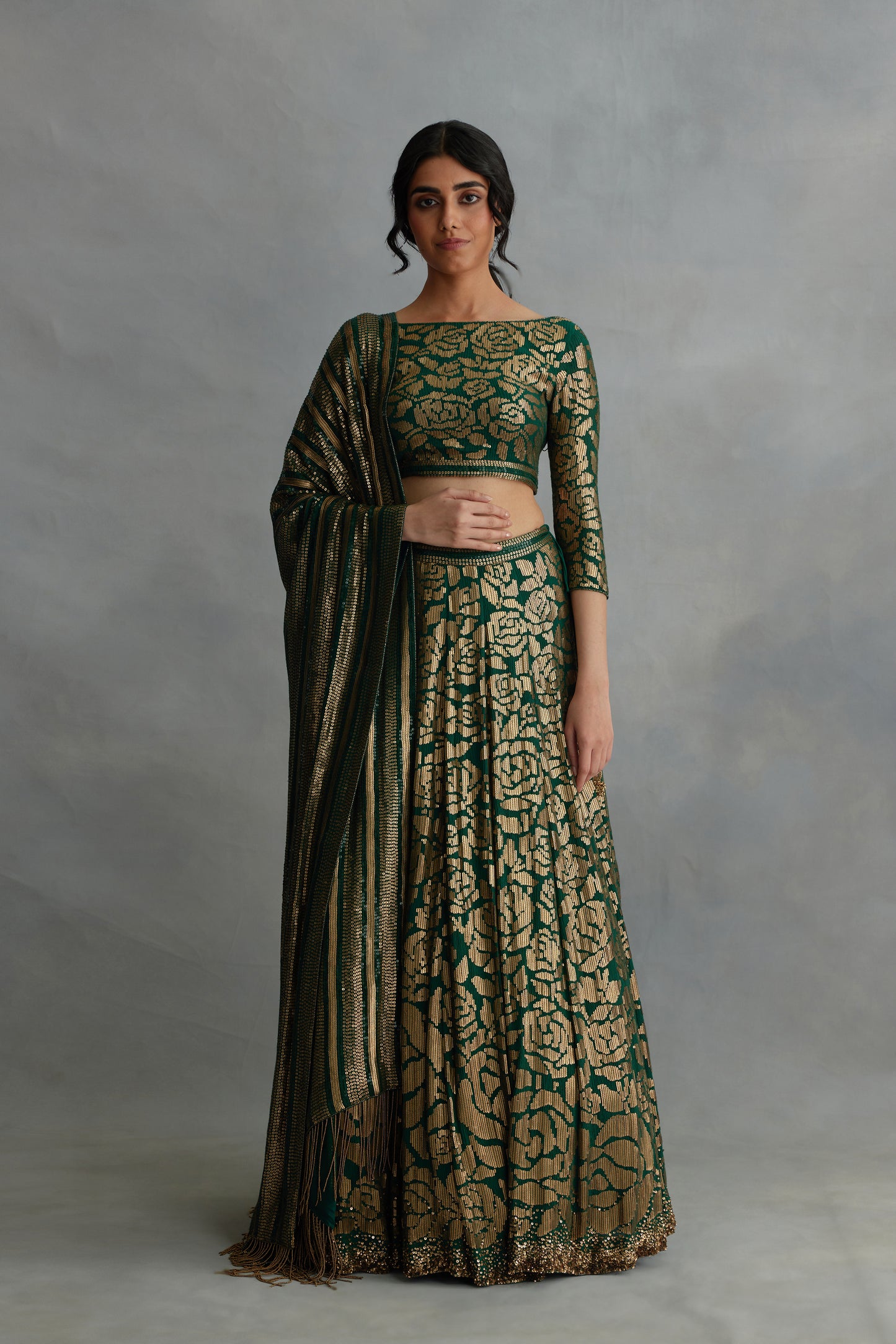 Lehenga Set in Signature Rose Pattern Gold Sequin Embroidery