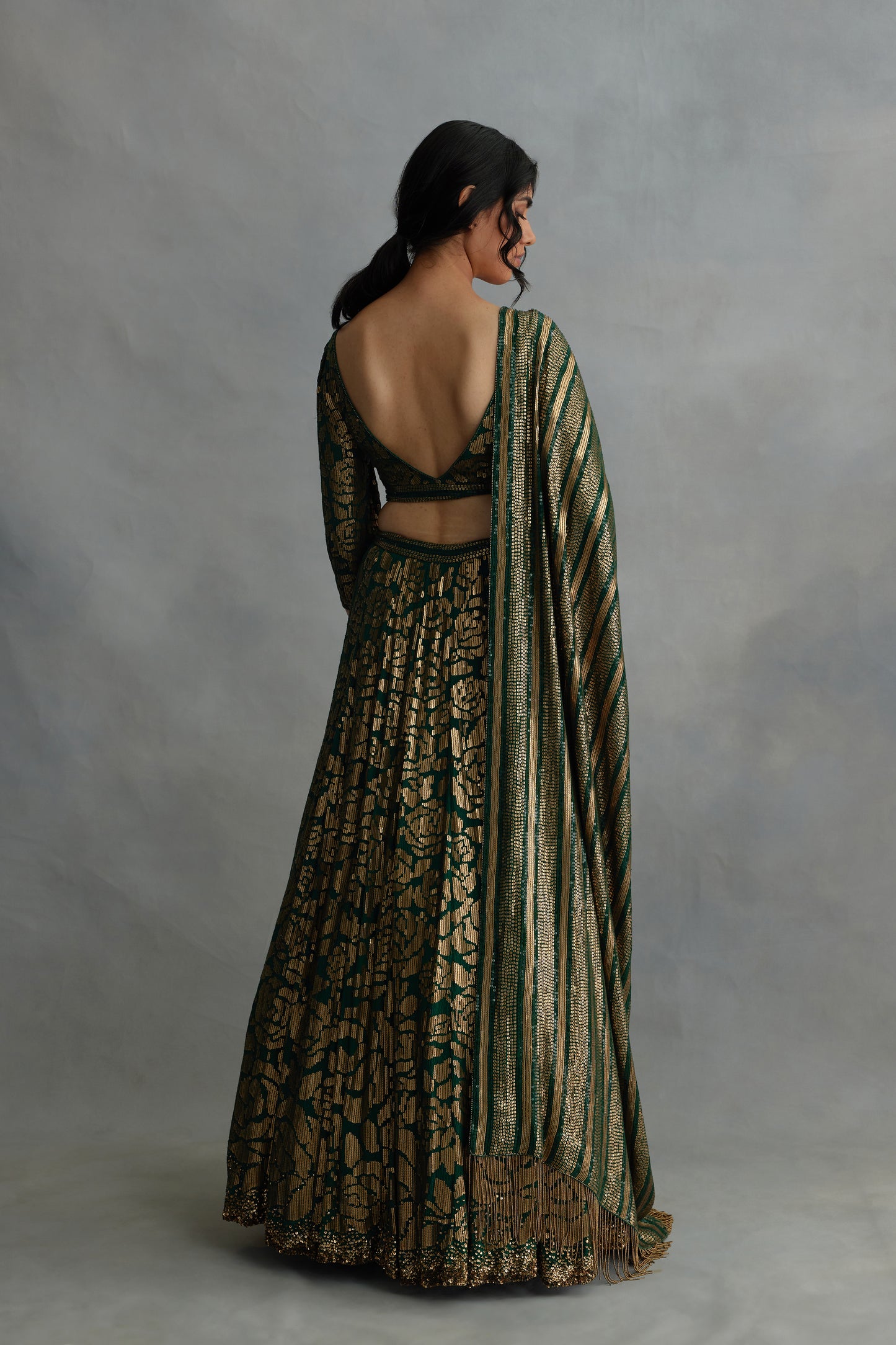 Lehenga Set in Signature Rose Pattern Gold Sequin Embroidery