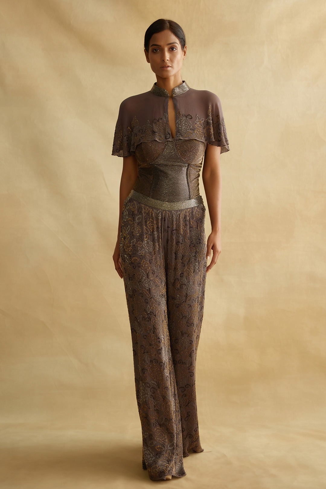 Corset and Pants Set with a Capelet in Bead Work Embroidery