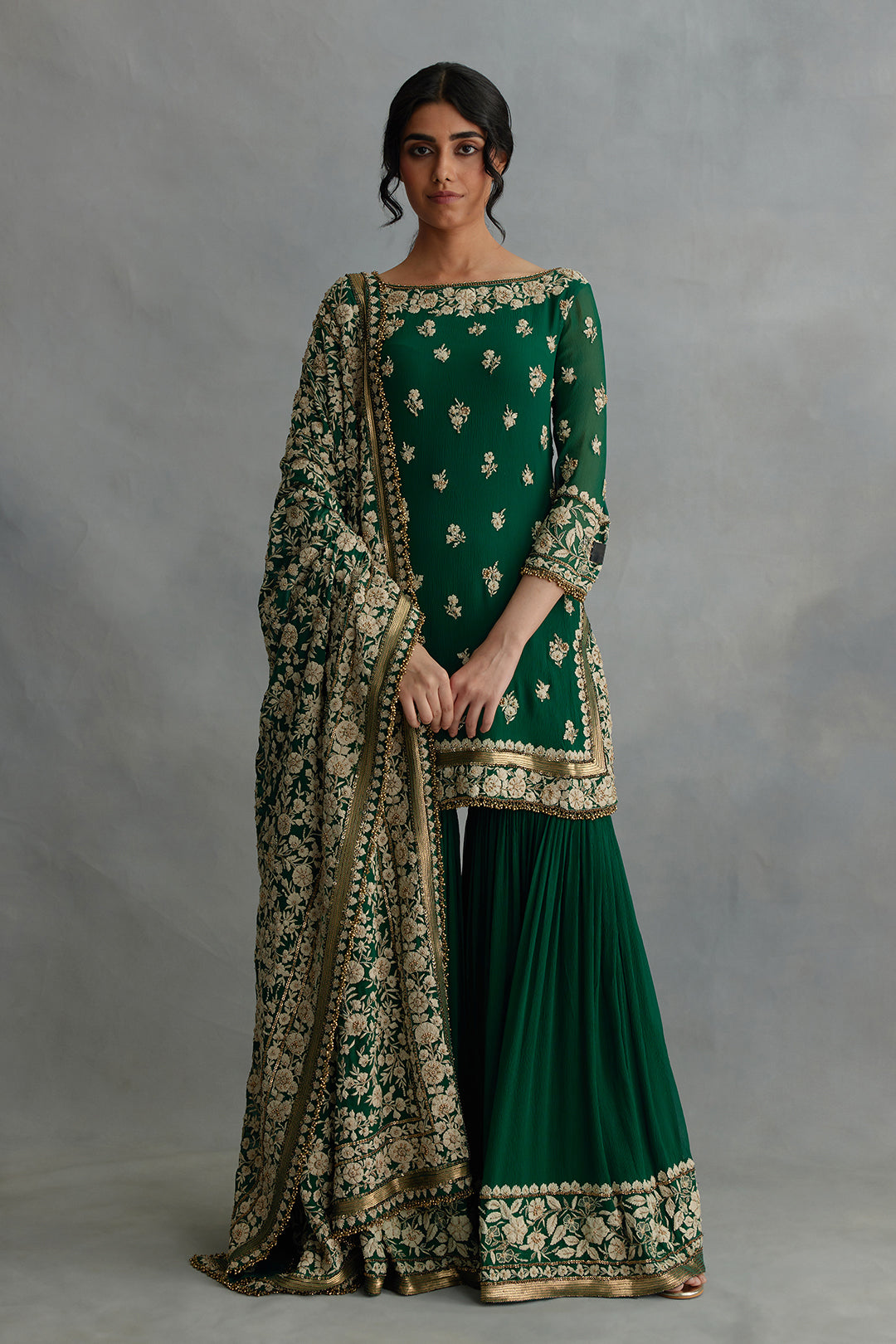 Gharara Set in Old World Ivory Thread Floral Embroidery