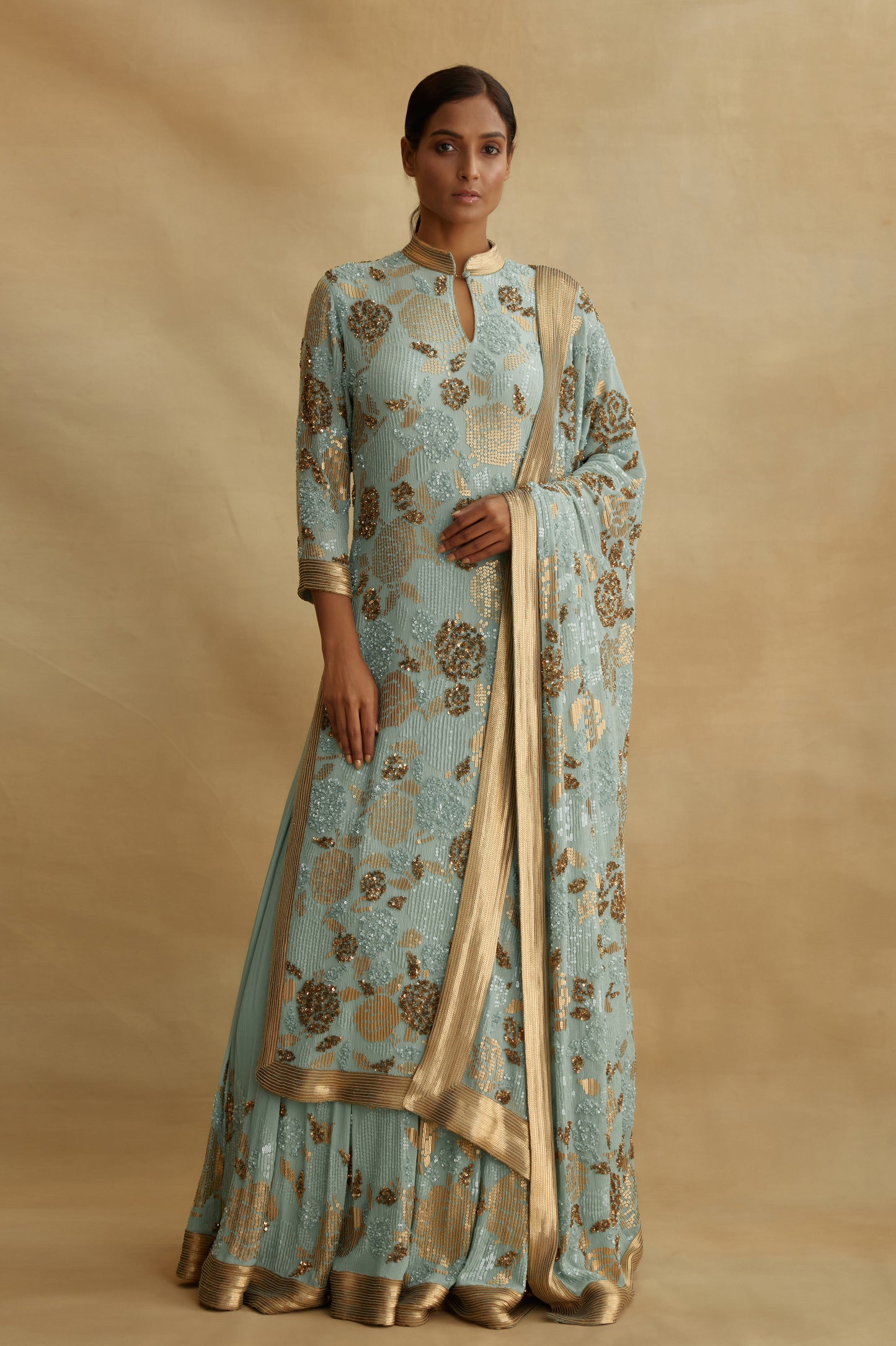 Kurta Set in Signature Rose Sequin Embroidery