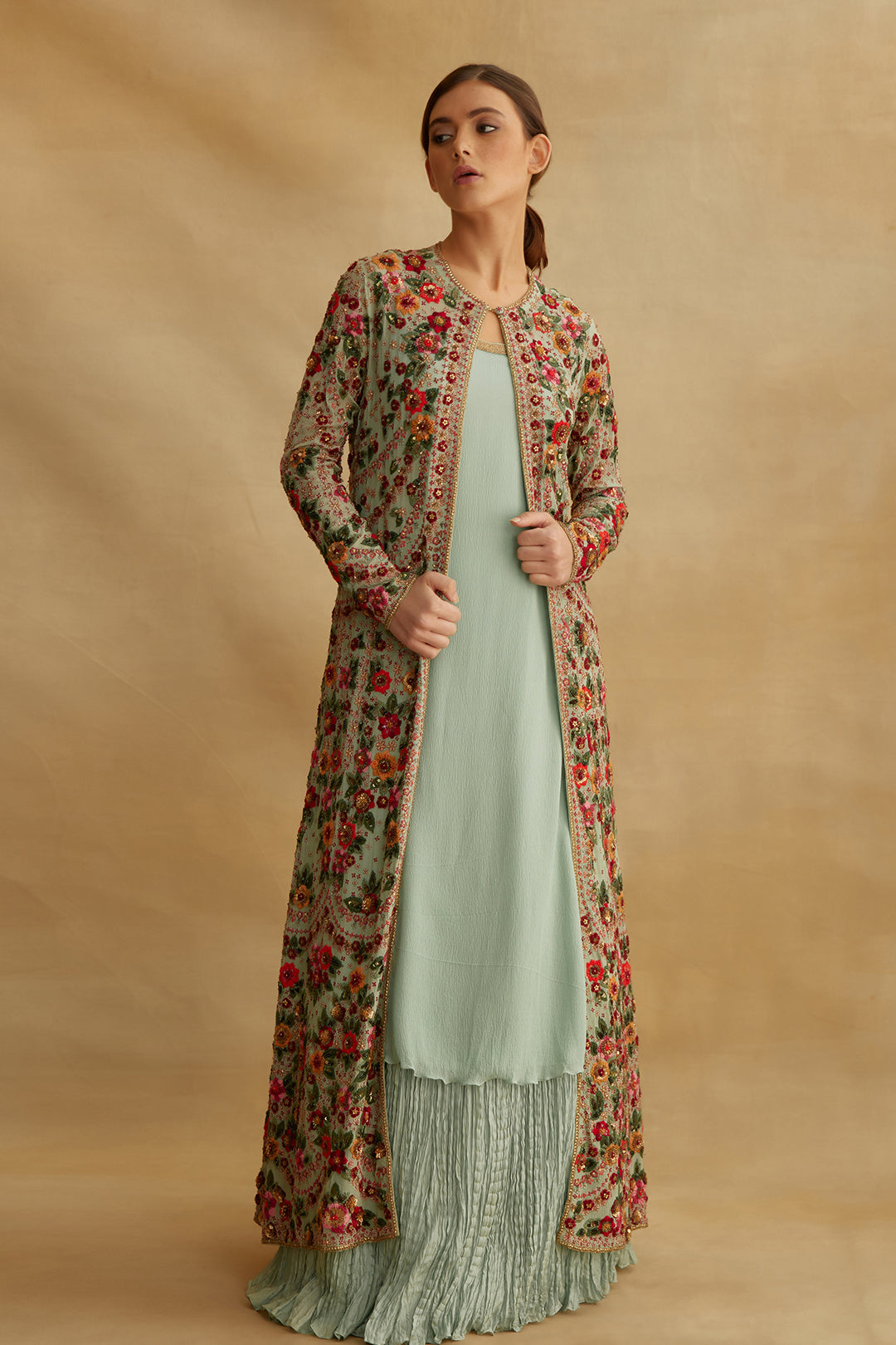 Jacket Set in Floral Multi Thread Embroidery