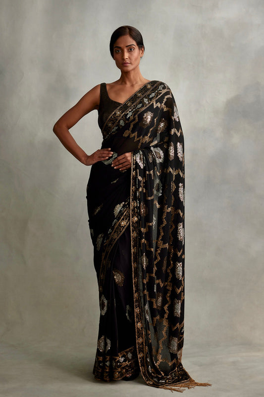 Sari in gold and silver mix small sequin embroidery