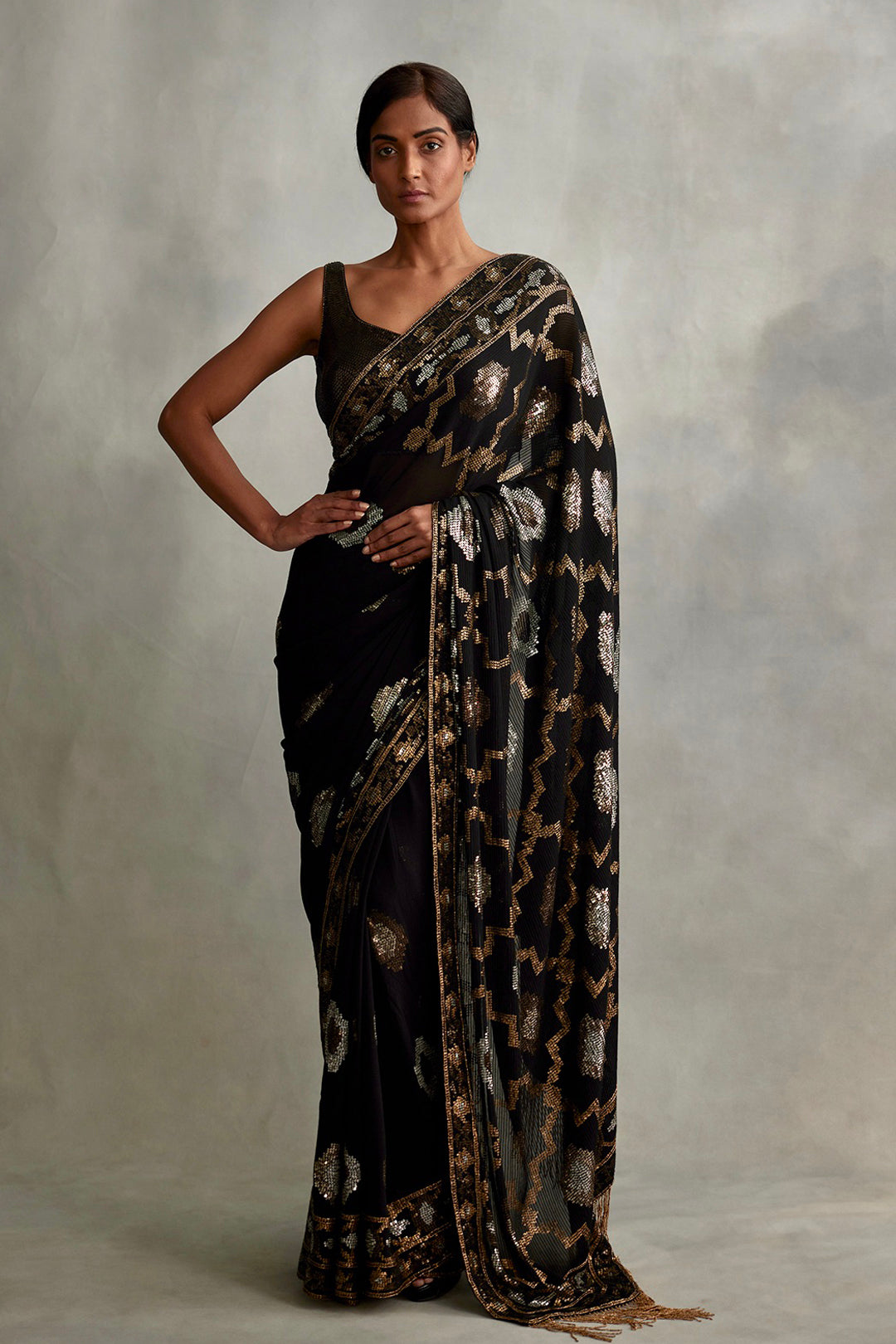 Sari in Gold and Silver Mix Small Sequin Embroidery