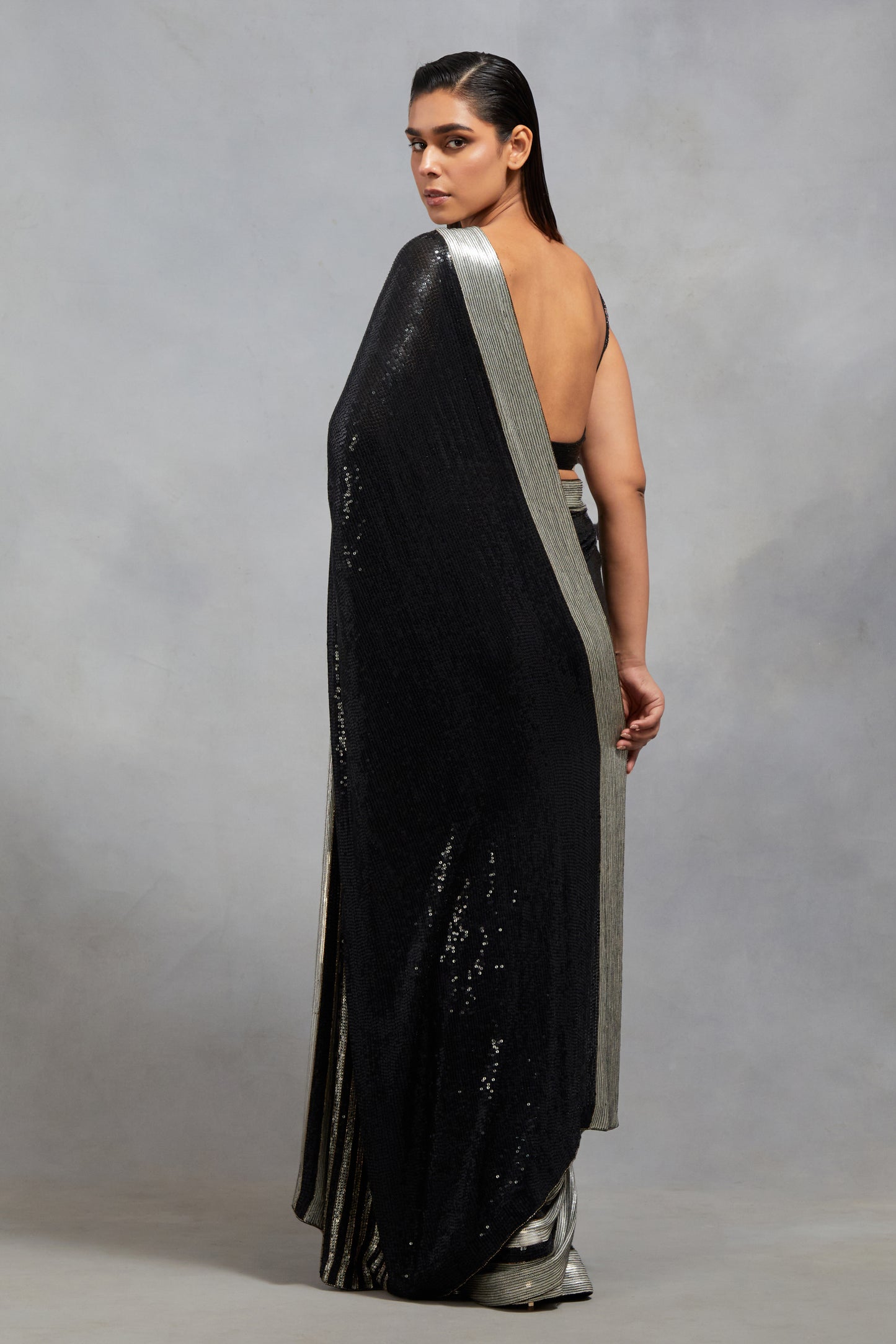 Sari Set In Sequin Stripe Embroidery