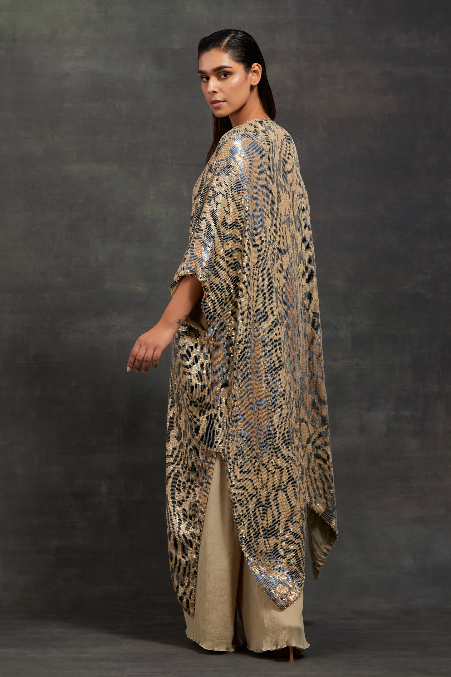 Kaftan Set in Sequin Embroidery made in mix of Tiger-Leopard Design