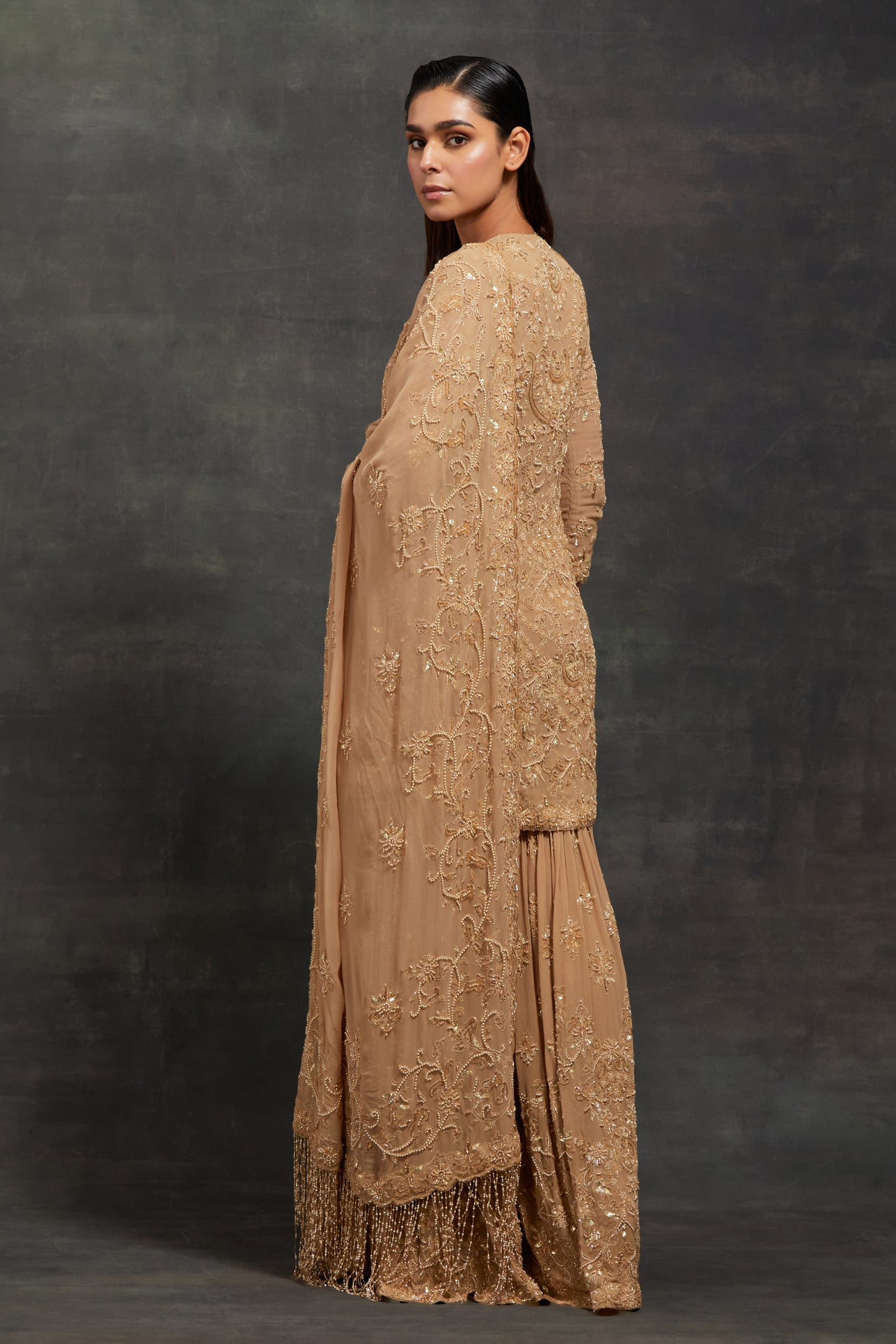 Gharara Set In Pearl, Sequin and Thread Embroidery