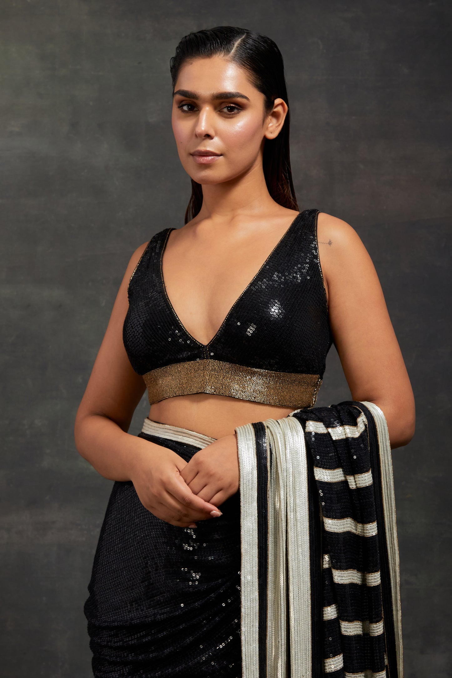 Sari Set In Stripe Sequin Embroidery