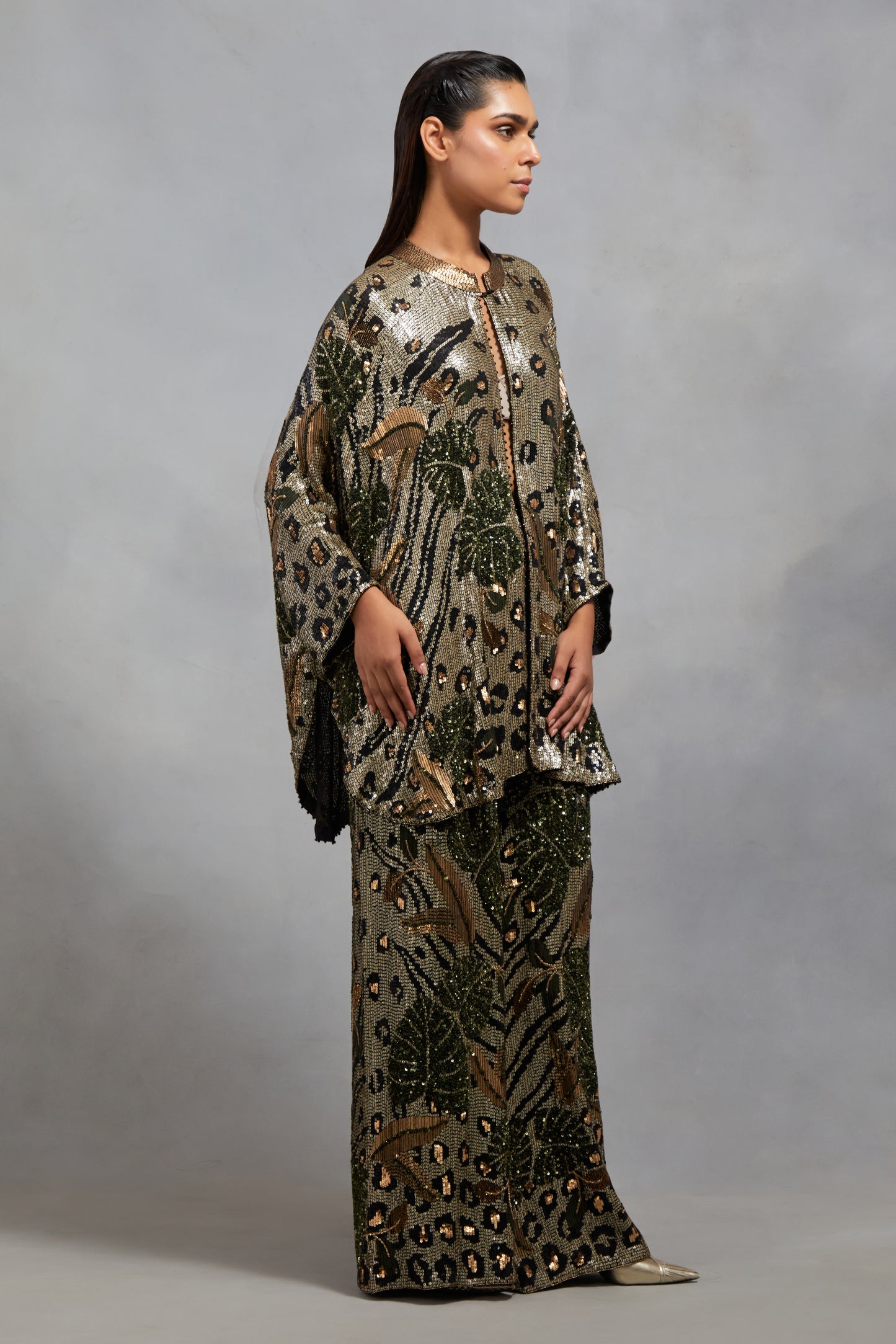 Jacket Set in an animal foliage design embellished in sequins