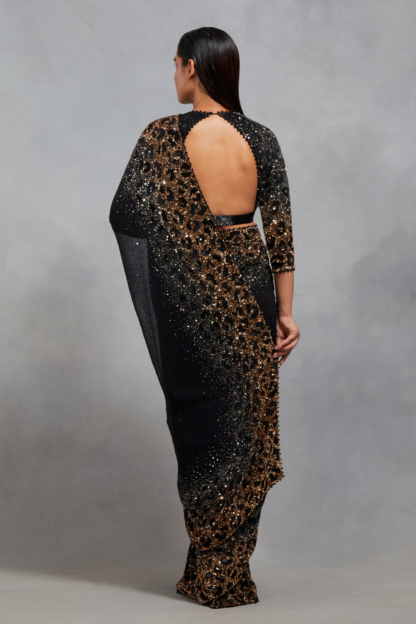 Sari Set in Sprinkle Sequin Embroidery in a Leopard Design Pattern