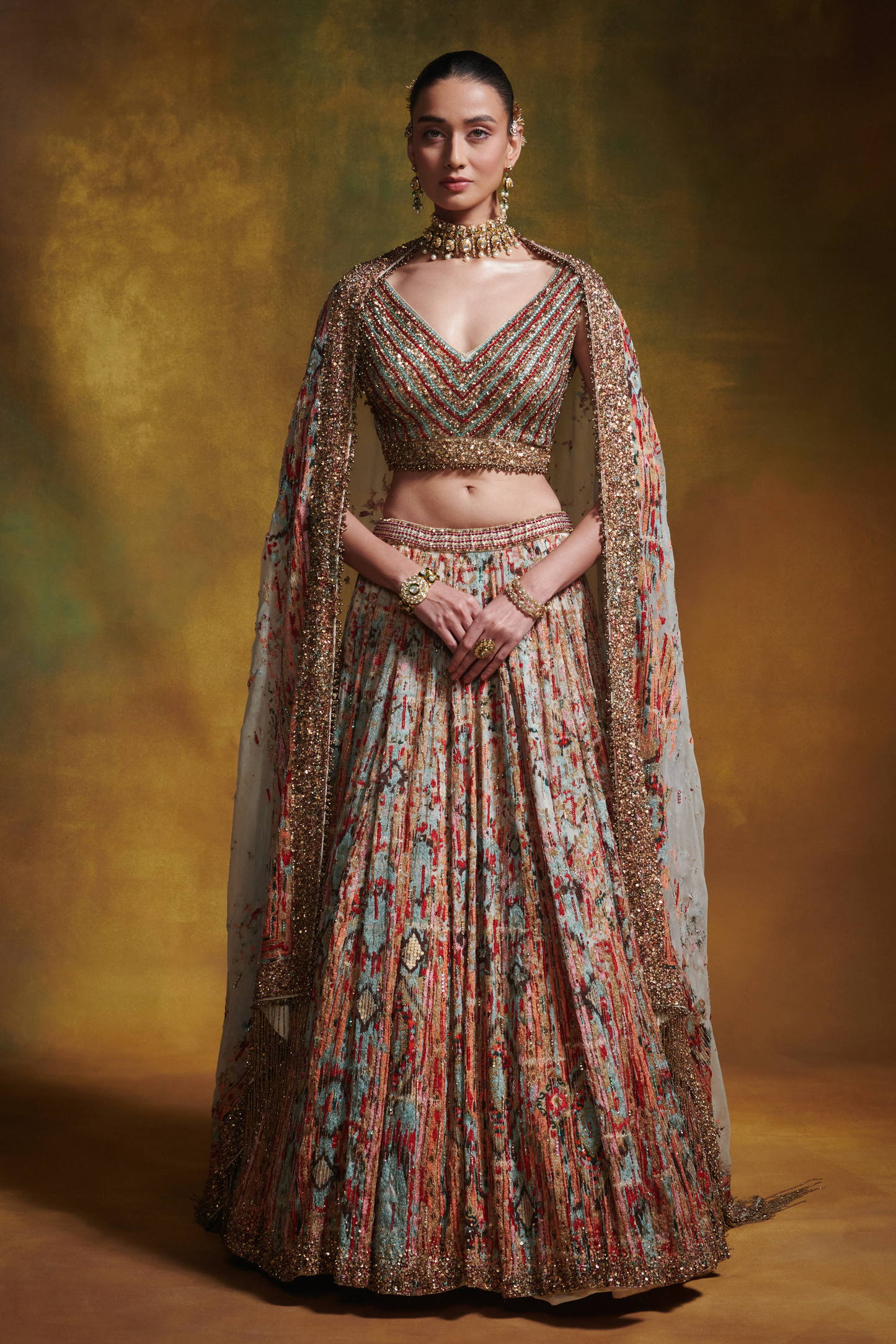 Lehenga Set in Distressed Ikkat Embroidery