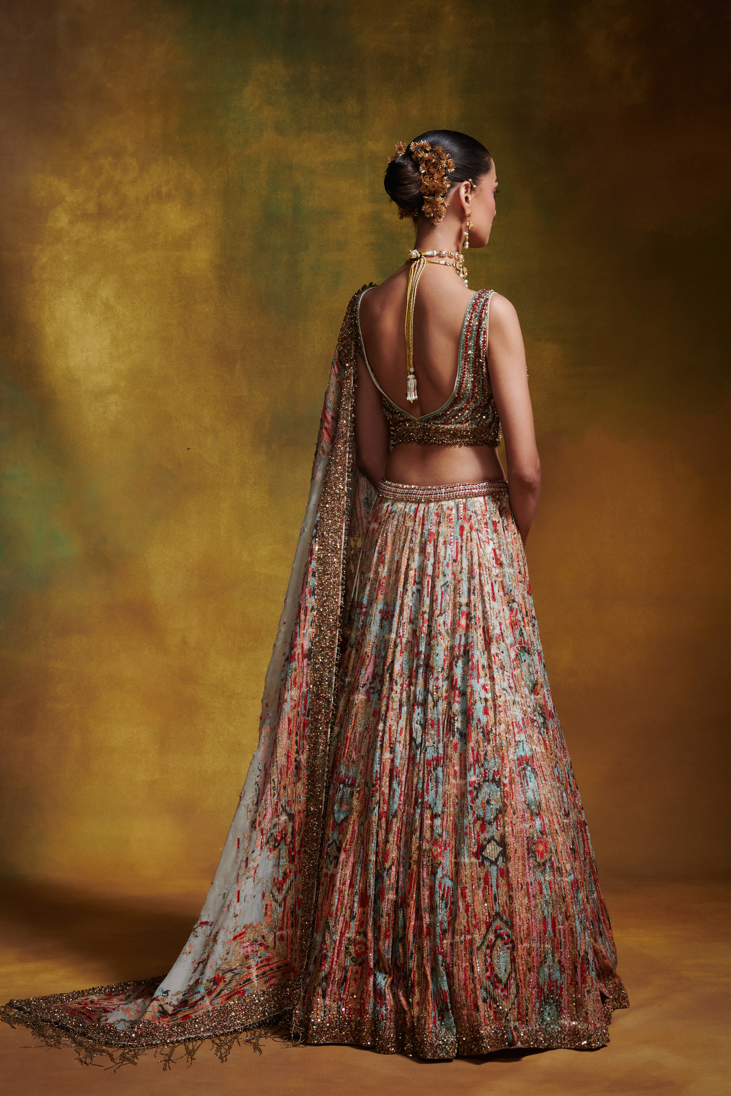 Lehenga Set in Distressed Ikkat Embroidery