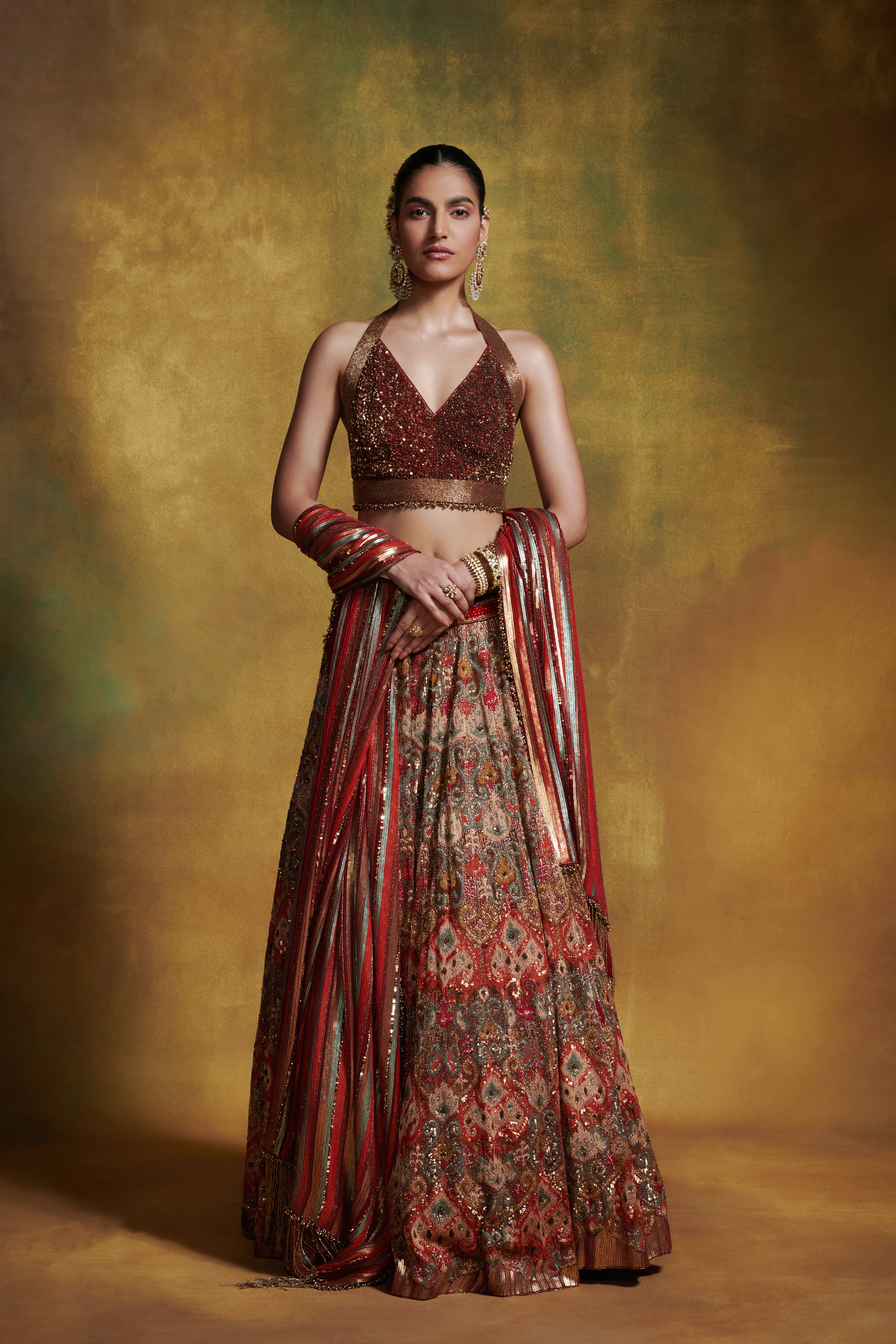 Lehenga Set in Ikkat motifs in thread and Sequin Embroidery
