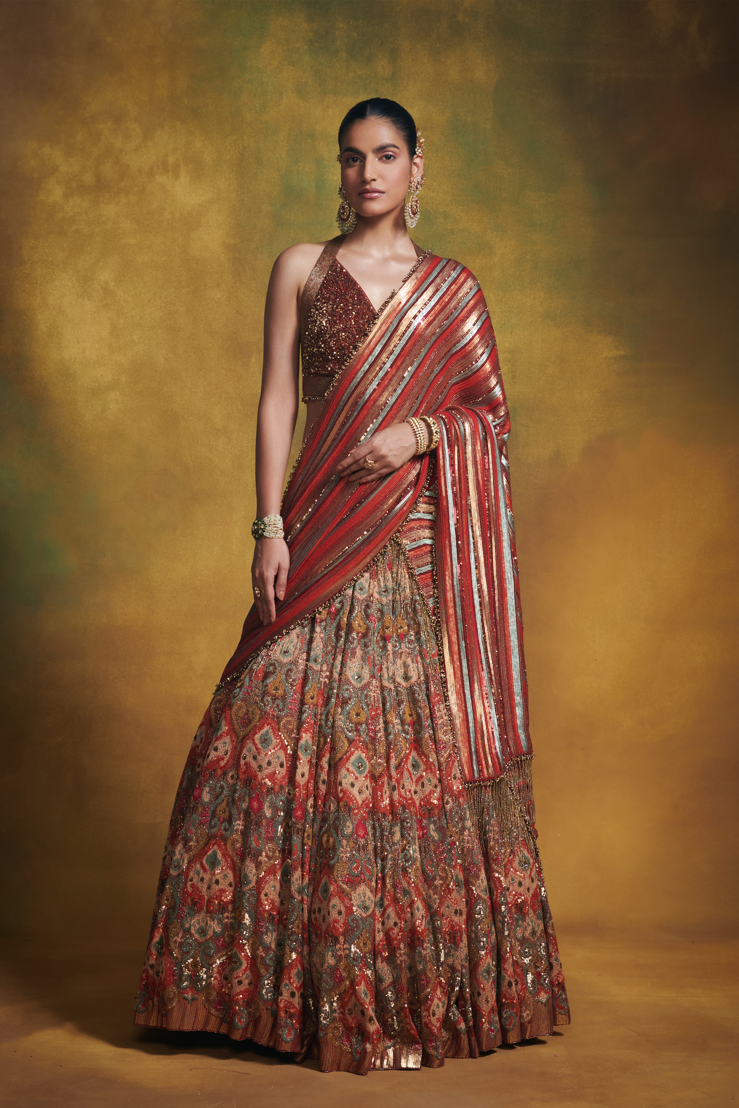 Lehenga Set in Ikkat motifs in thread and Sequin Embroidery