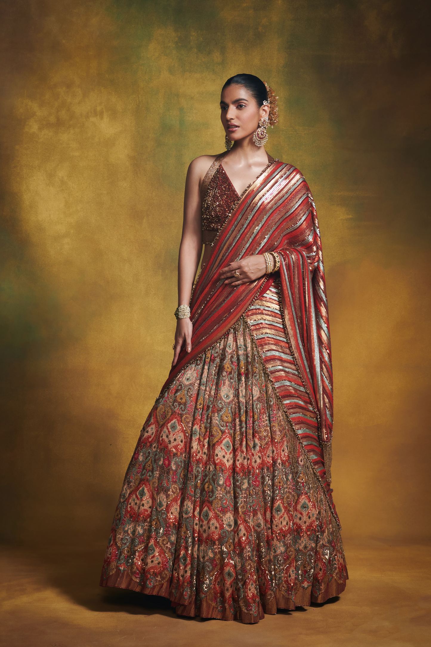 Lehenga Set in Ikkat motifs in thread and Sequin Embroidery