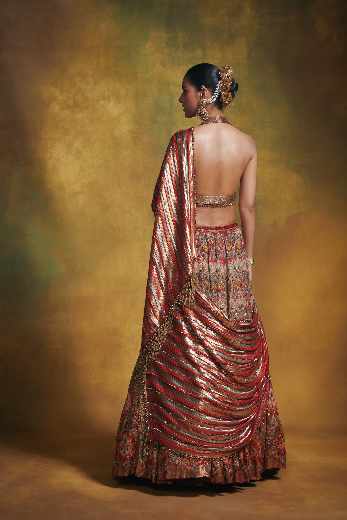 Lehenga Set in Ikkat motifs in thread and Sequin Embroidery