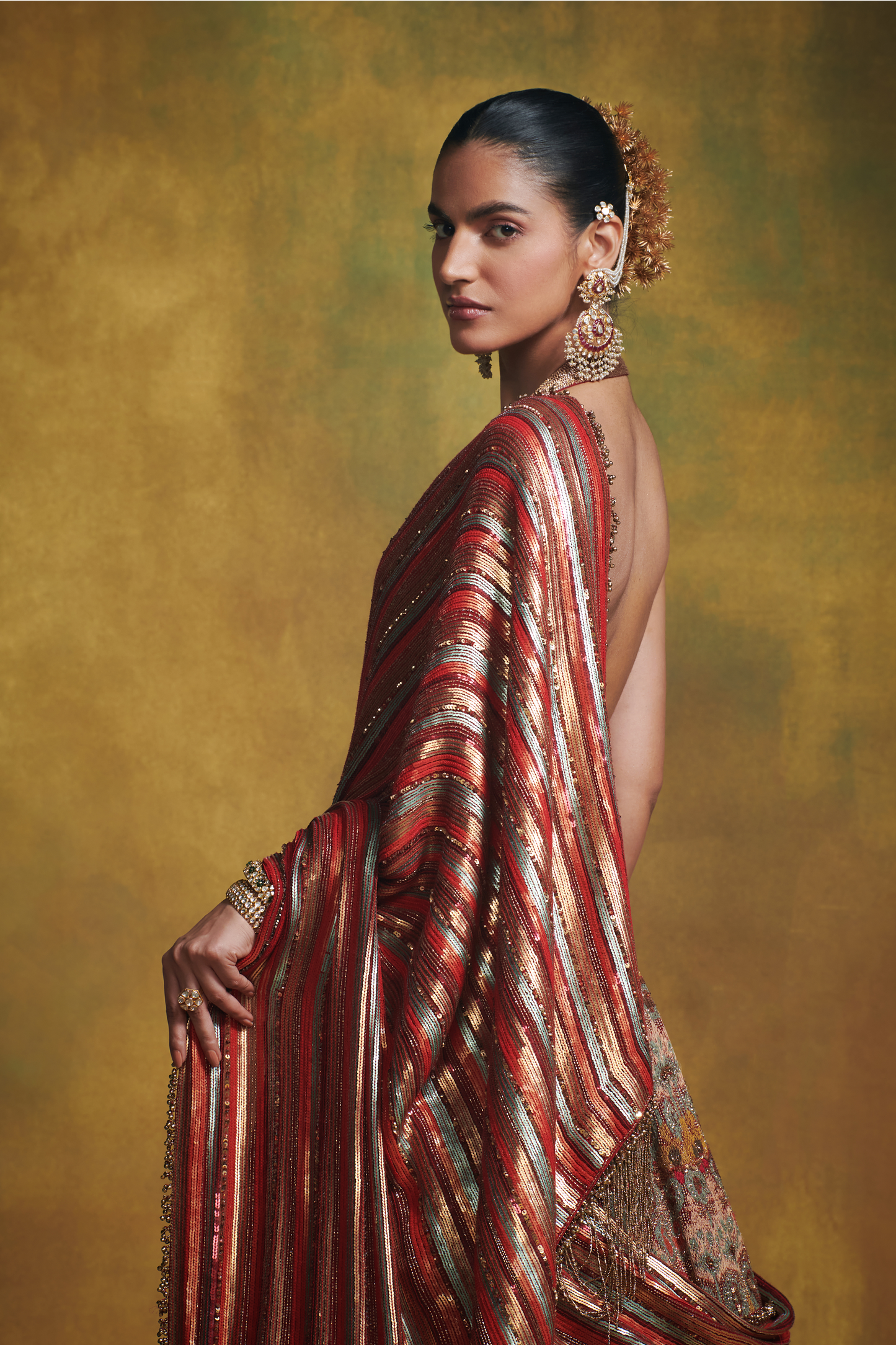 Lehenga Set in Ikkat motifs in thread and Sequin Embroidery