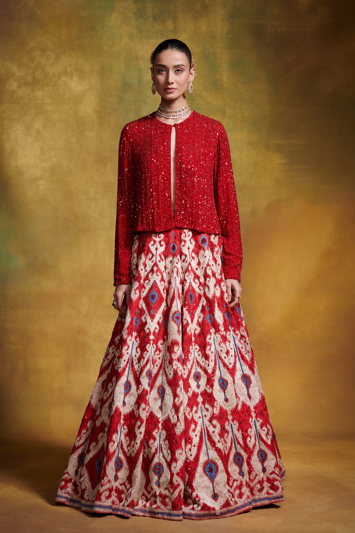 Lehenga Set in Uzbek Ikkat and Beadwork Embroidery