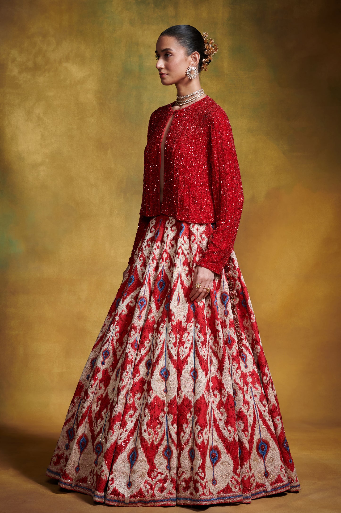 Lehenga Set in Uzbek Ikkat and Beadwork Embroidery