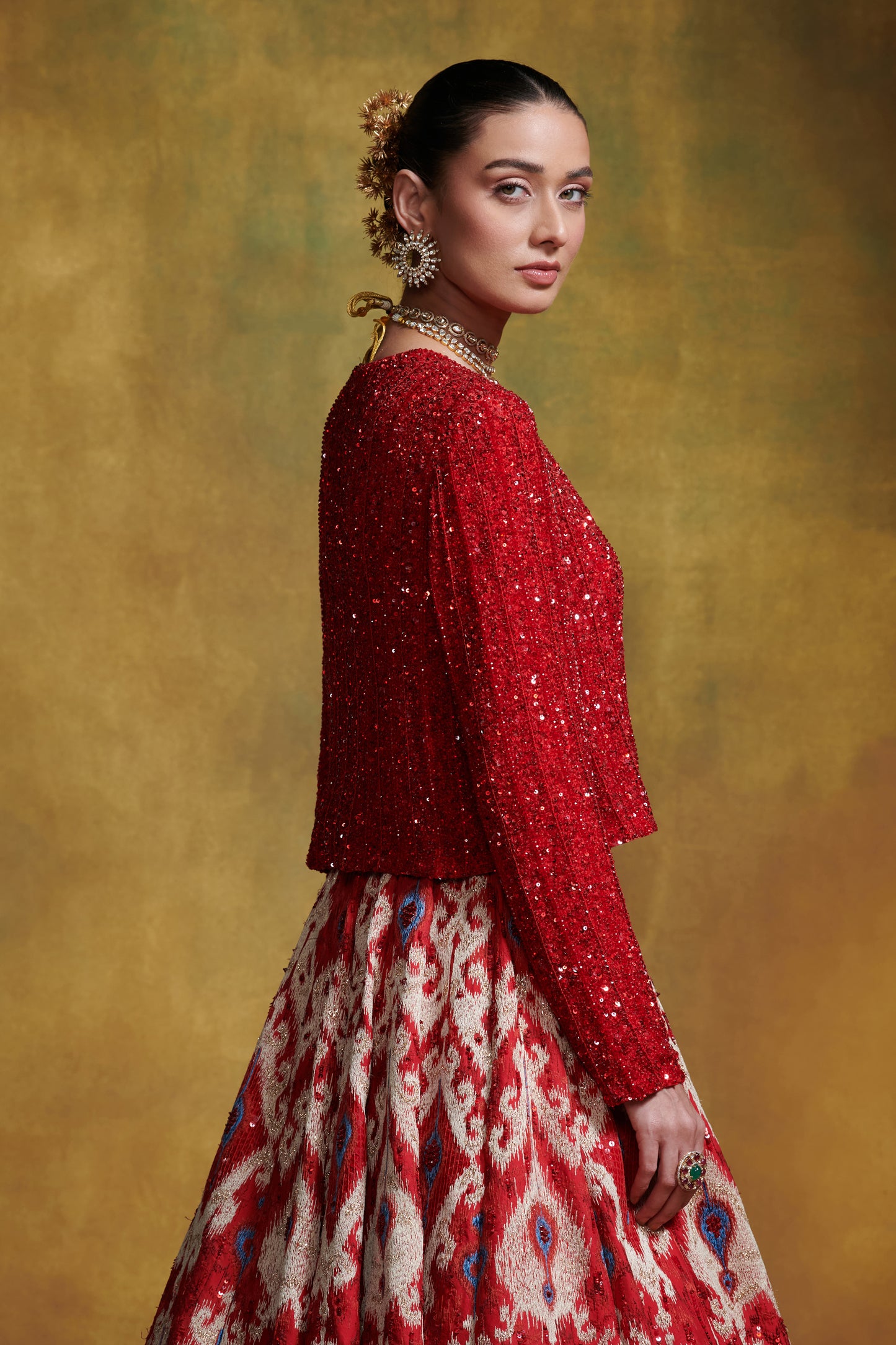 Lehenga Set in Uzbek Ikkat and Beadwork Embroidery