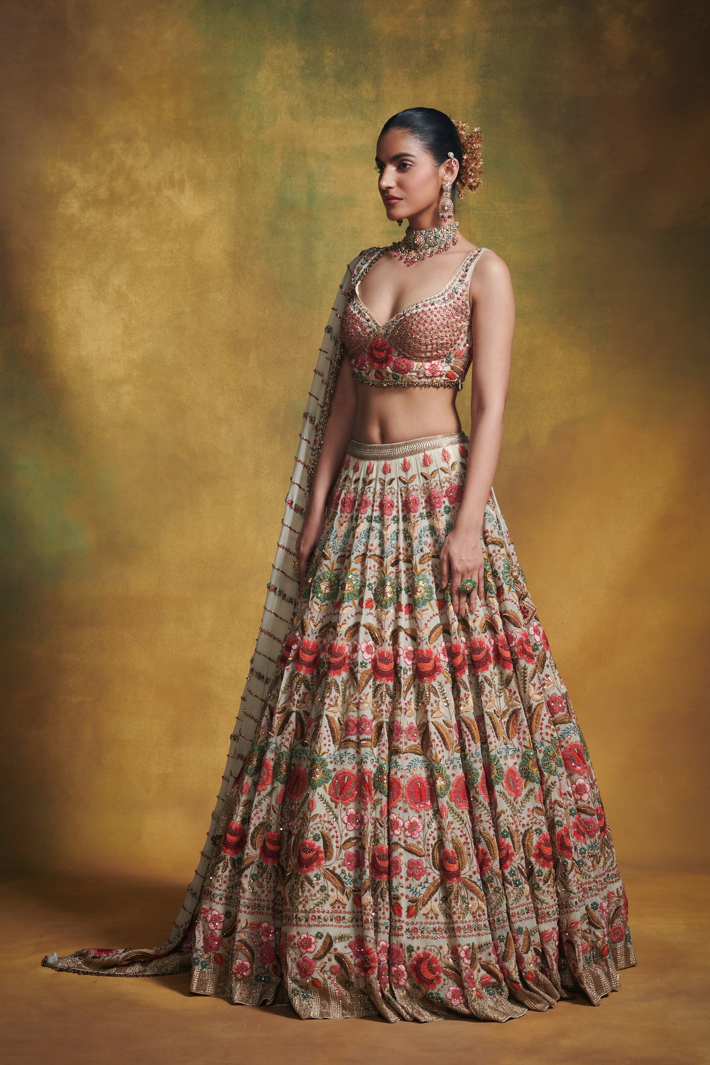 Lehenga Set in Persian Floral motif in thread embroidery