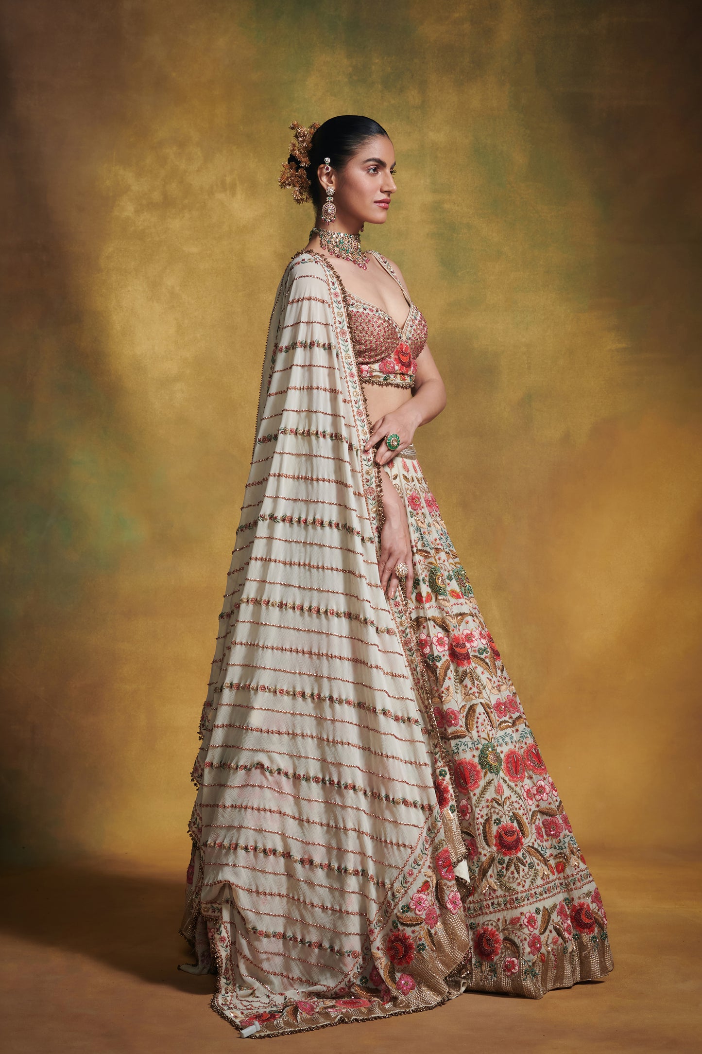 Lehenga Set in Persian Floral motif in thread embroidery