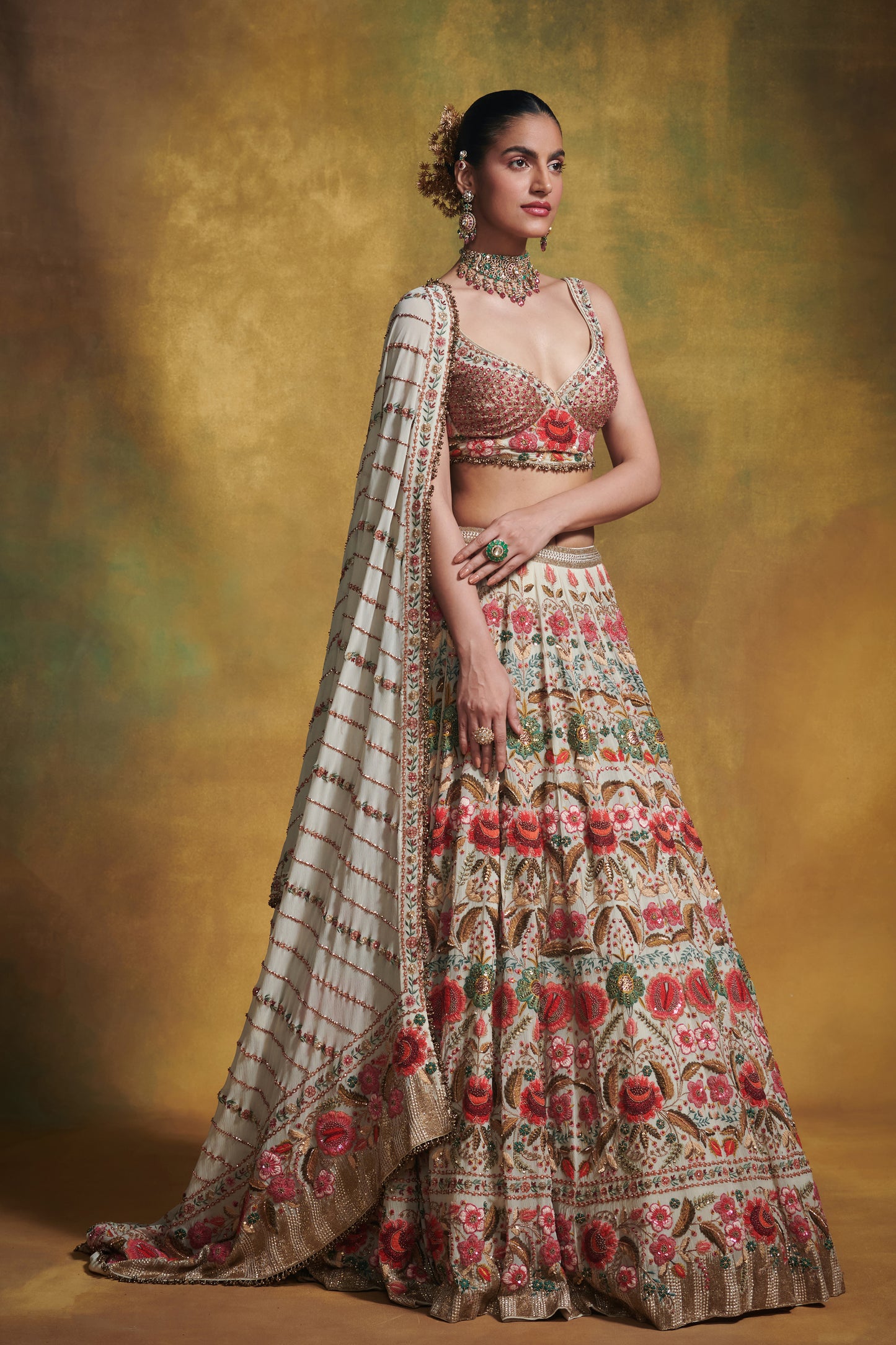 Lehenga Set in Persian Floral motif in thread embroidery